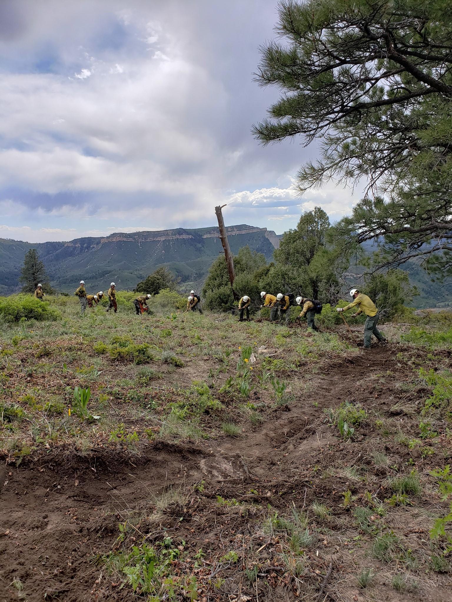 Members of Hot Shot Crew are shown creating a new trail that will be used as a fire control line.