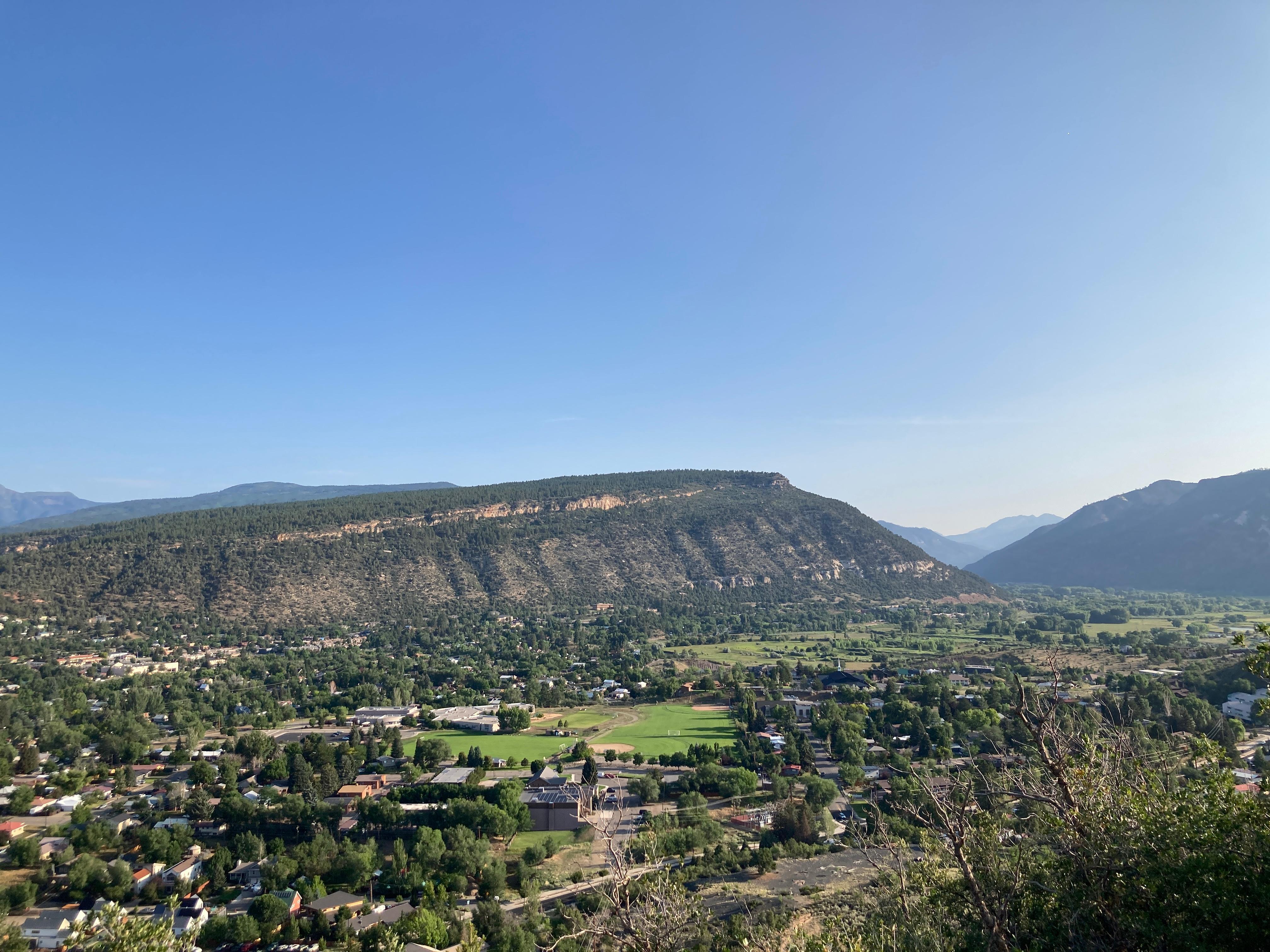 Animas CIty Mountain, part of the city of Durango and the Animas River Valley are seen from an overlook at Fort Lews College.