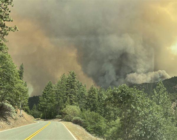 View of smoke plume from the Haypress Fire on August 2, 2021