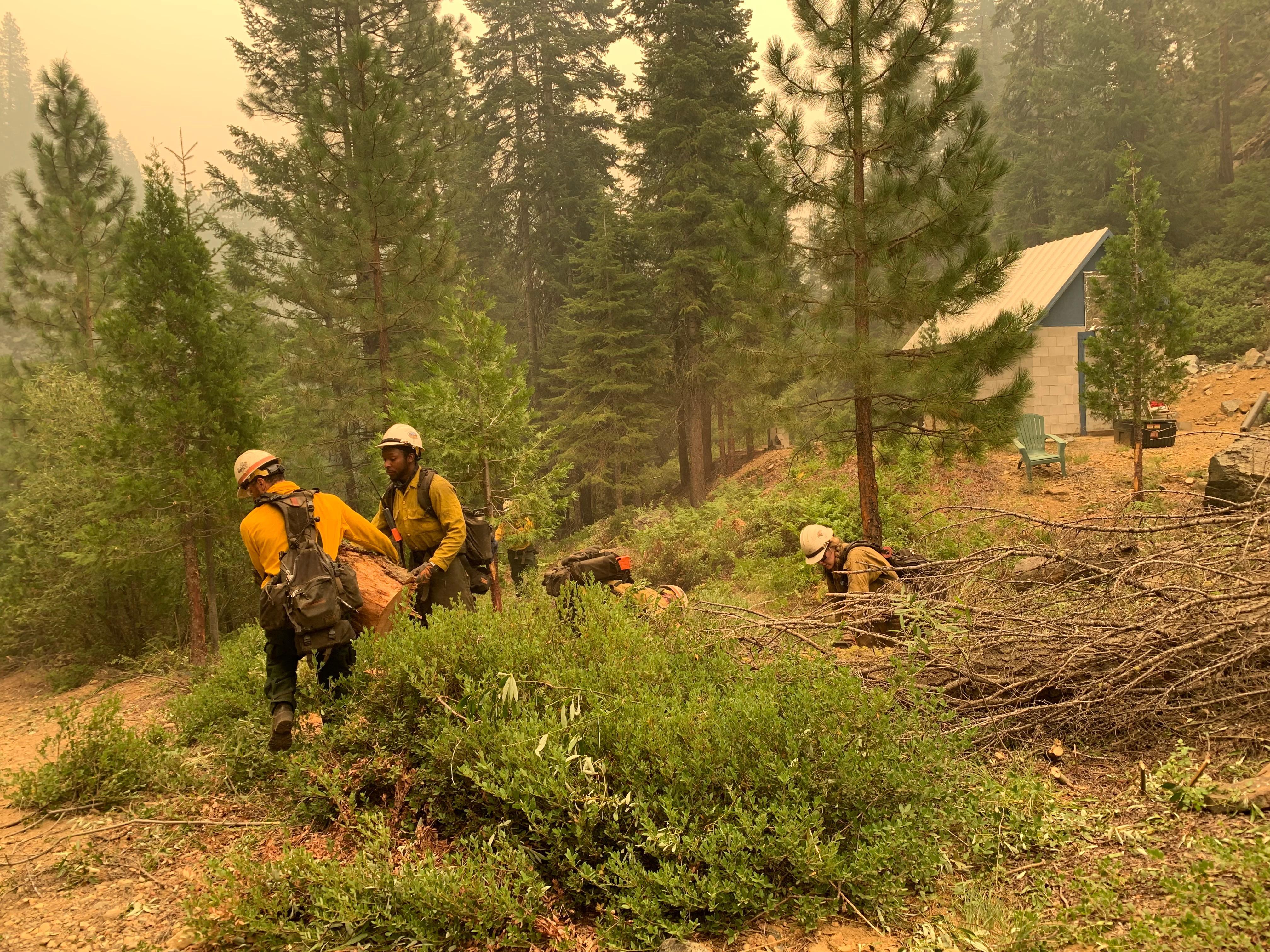 Crews with Firestorm Wildland Fire Suppression perform structure defense operations in the Coffee Creek Road Community.
