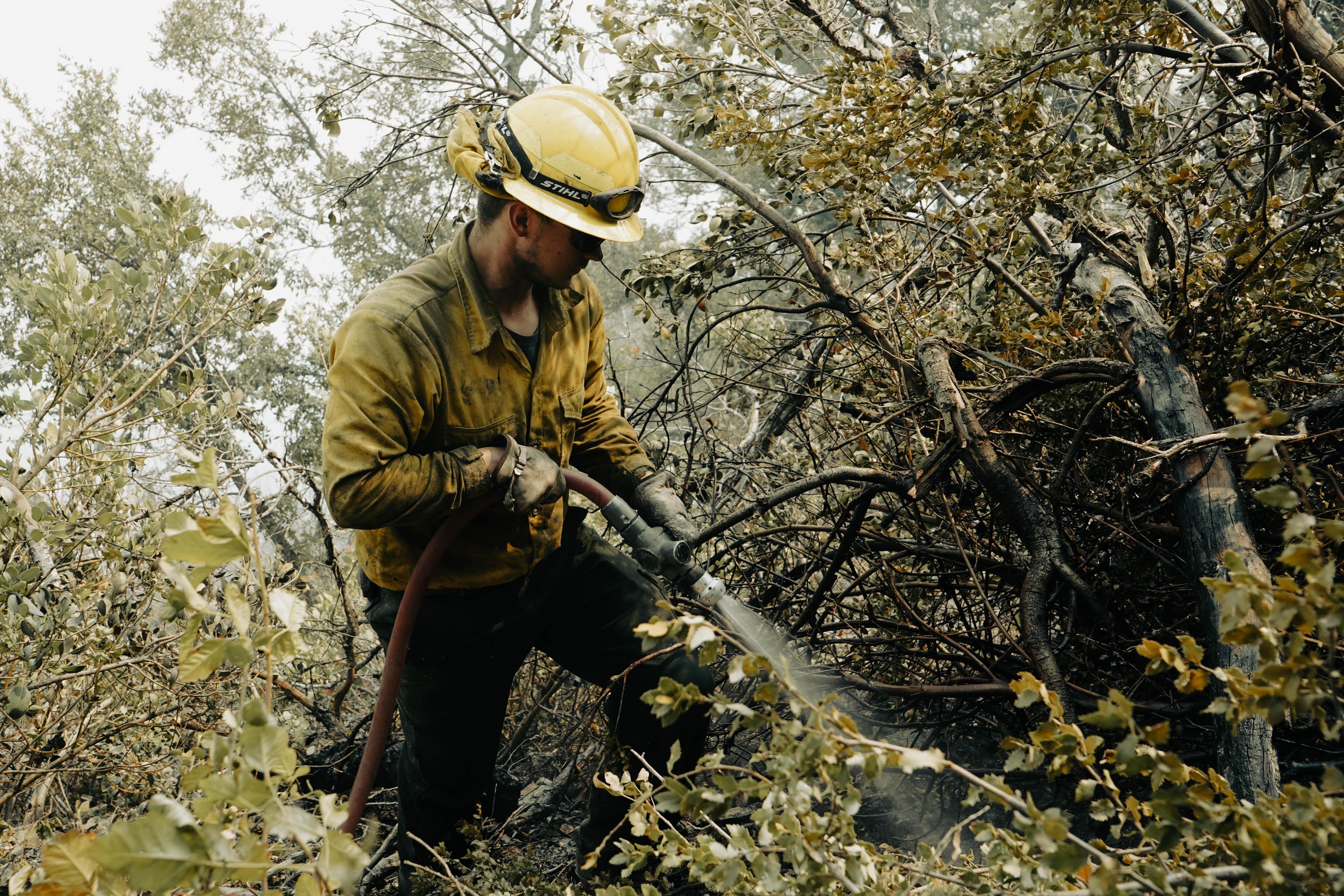With his crew from the Montrose Hell Fighters supporting him from above, firefighter Jessie Williams works putting out spot fires, Aug. 22,  on the Cronan Fire, one of three fires currently burning as part of the River Complex.