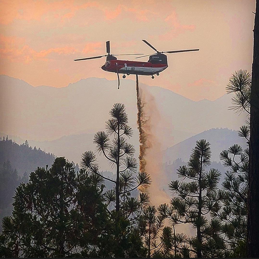 A red chinook aircraft dropping water over trees and a fire