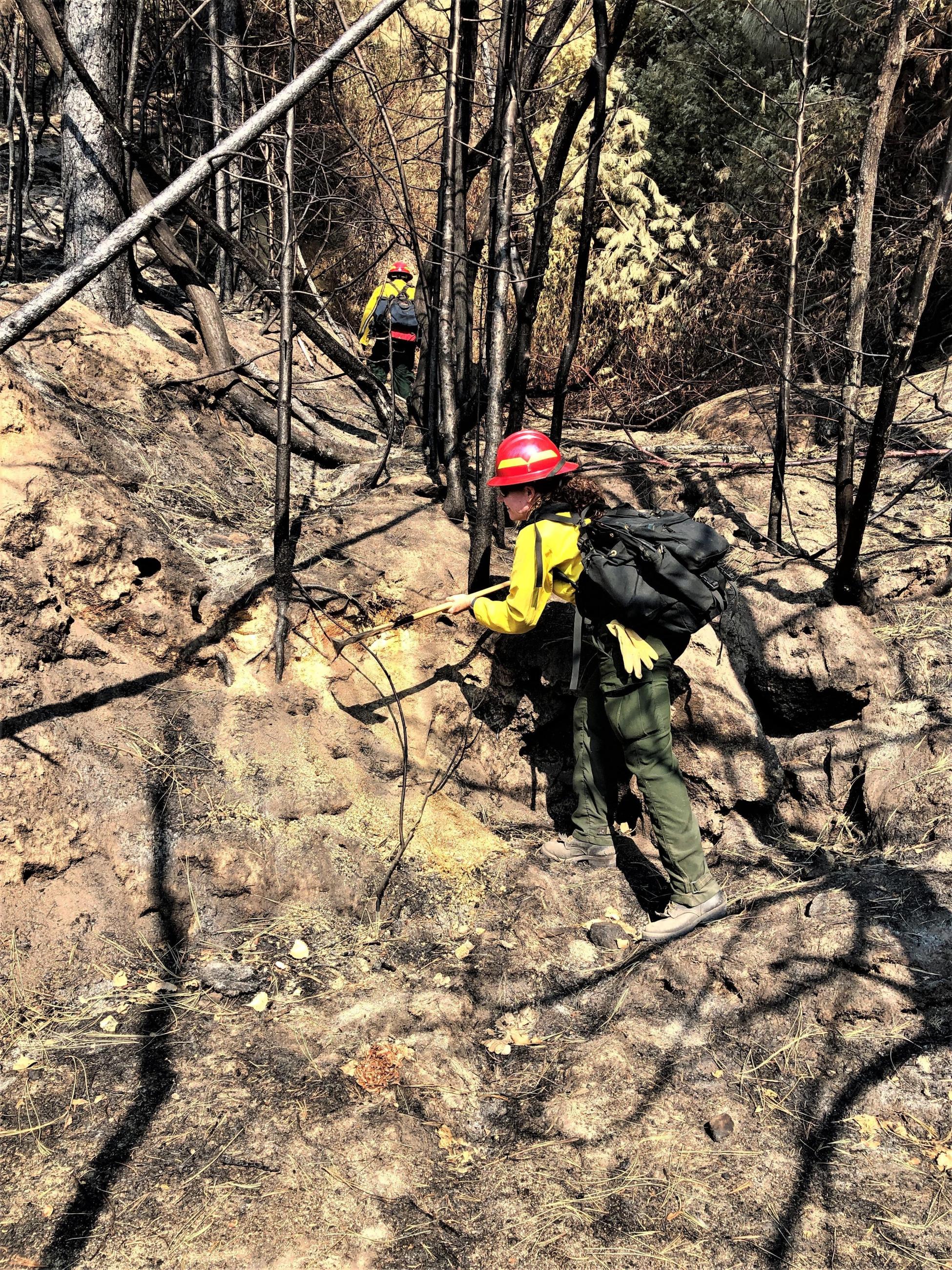 BAER Hydro-Geologist evaluates sediment deposit Photo showing BAER Hydro-Geologist Rebecca Biglow confirming sediment deposit material upstream of crossing on Wrights Lake Road in Caldor Burned Area
