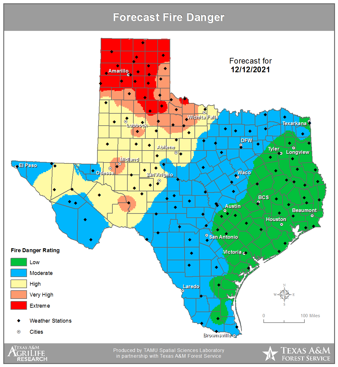 Map of the state of Texas showing the forecast of the high fire danger areas. Extreme fire danger at the pandhandle and lessening as it gets to the coast.