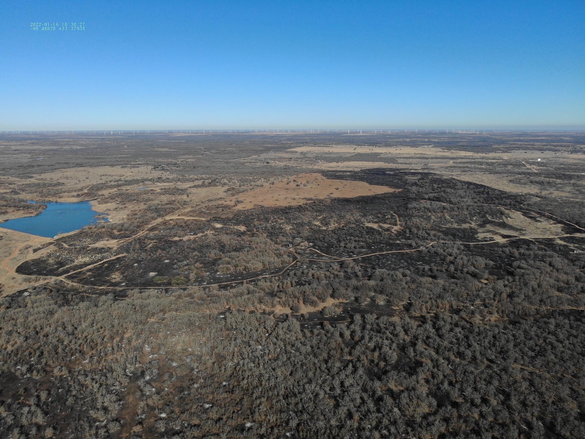 This image shows an aerial view of the burned vegetation 