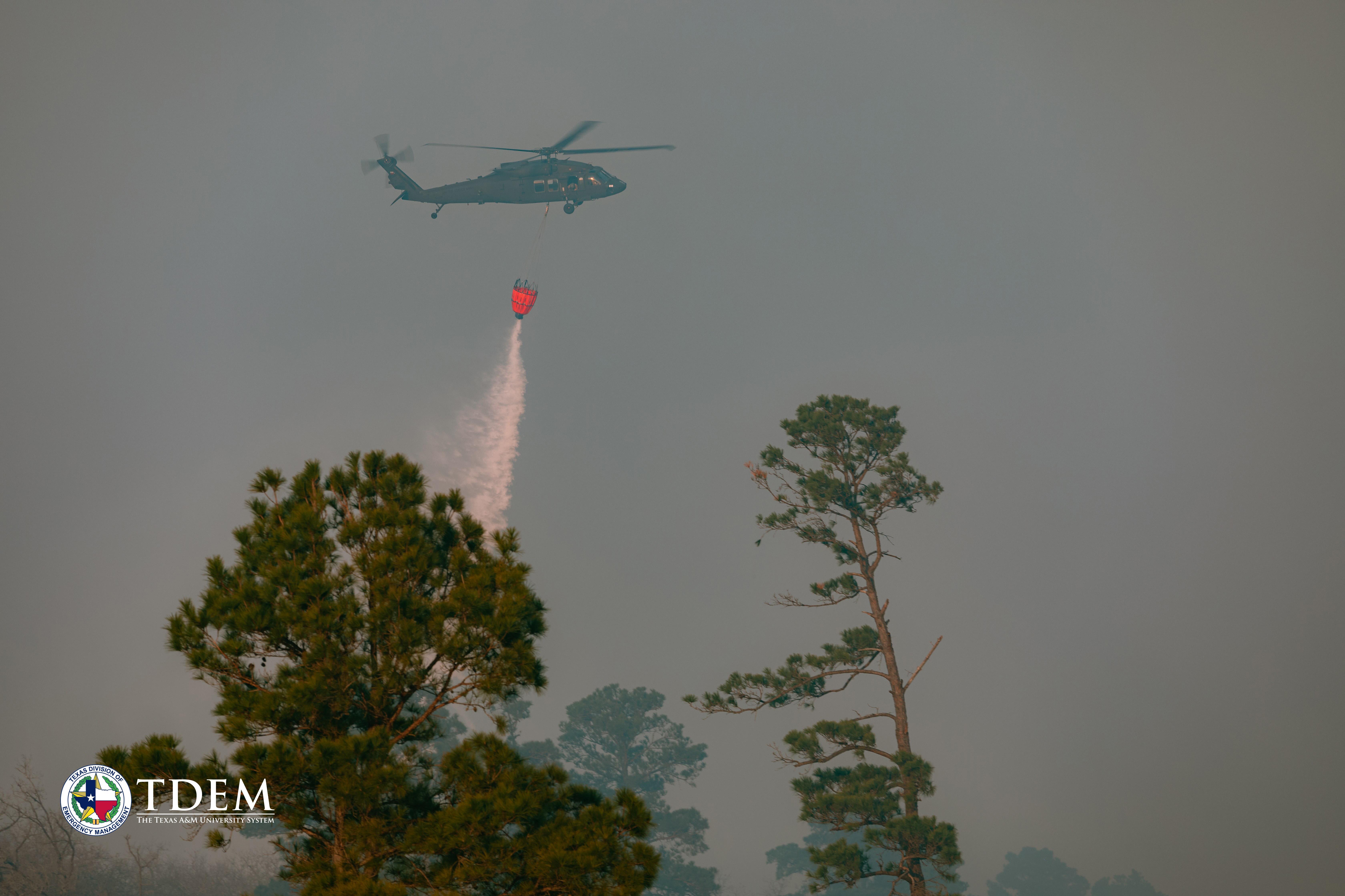 Picture shows a helicopter performing bucket drops in the background. Foreground is two pine trees.