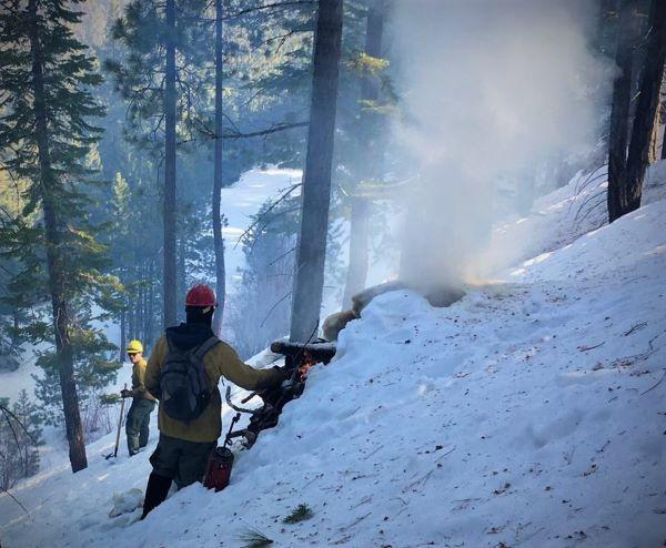 Image showing firefighters lighting brush piles in deep snow on a steep hillside on February 1, 2022