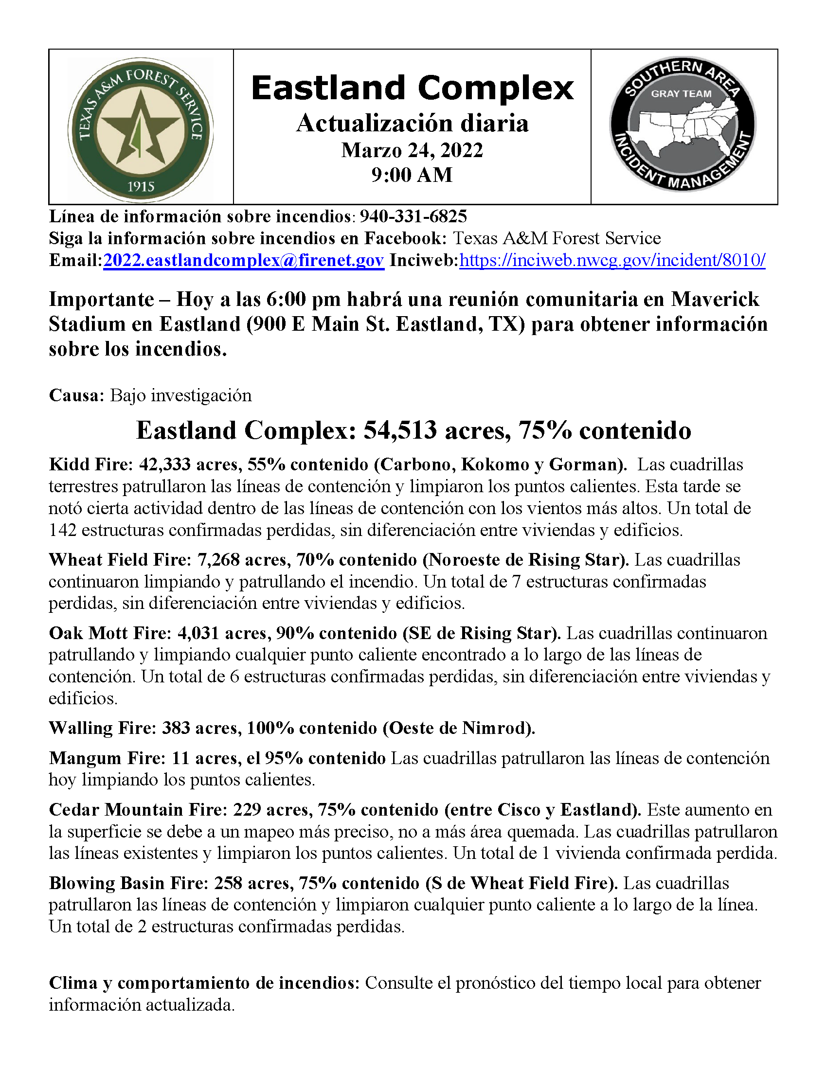 The document contains the daily update of the Eastland Complex fire, in spanish.