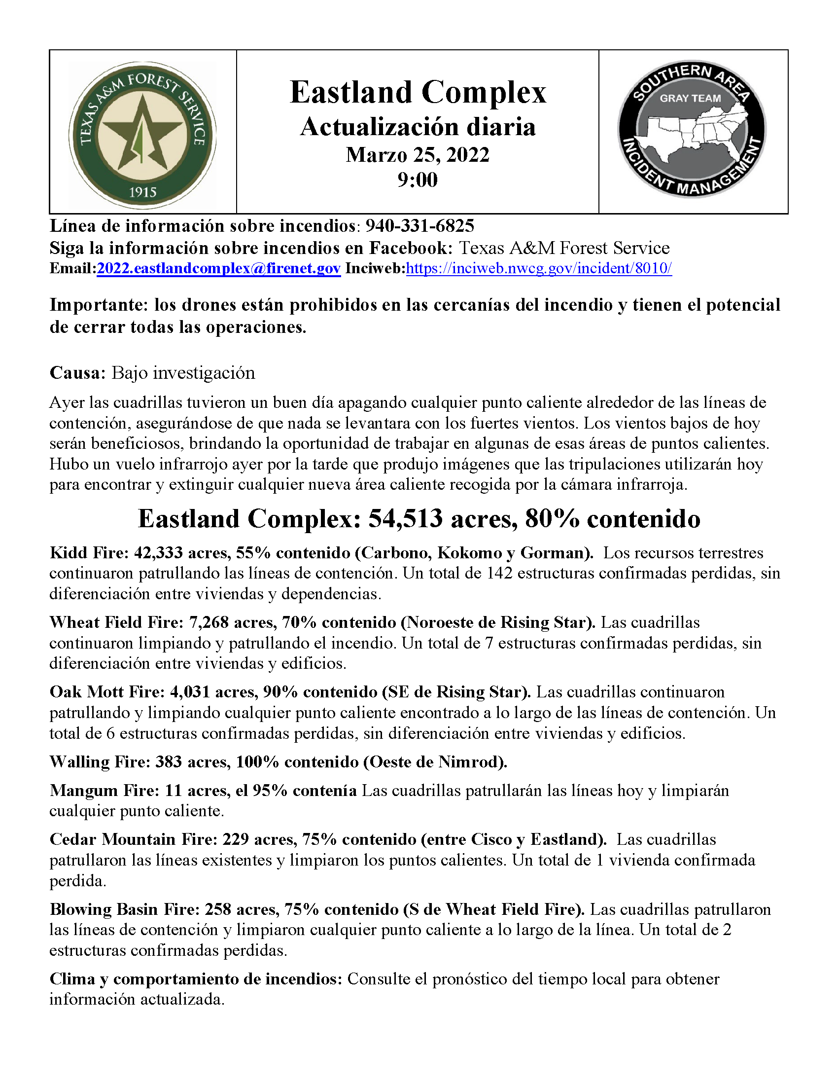 The document contains the daily update of the Eastland Complex fire, in spanish.
