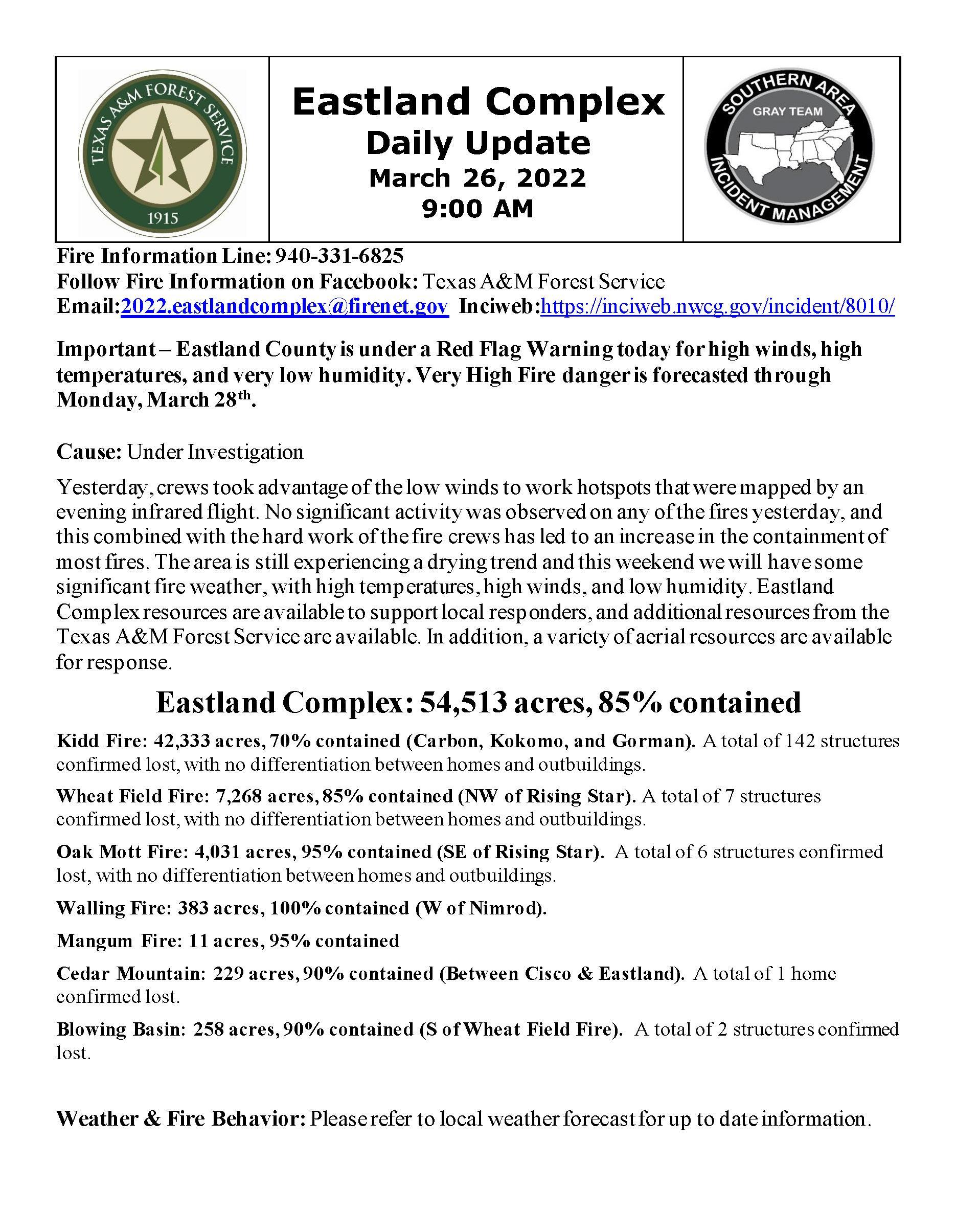 The document contains the March 26th daily update for Eastland Complex fire