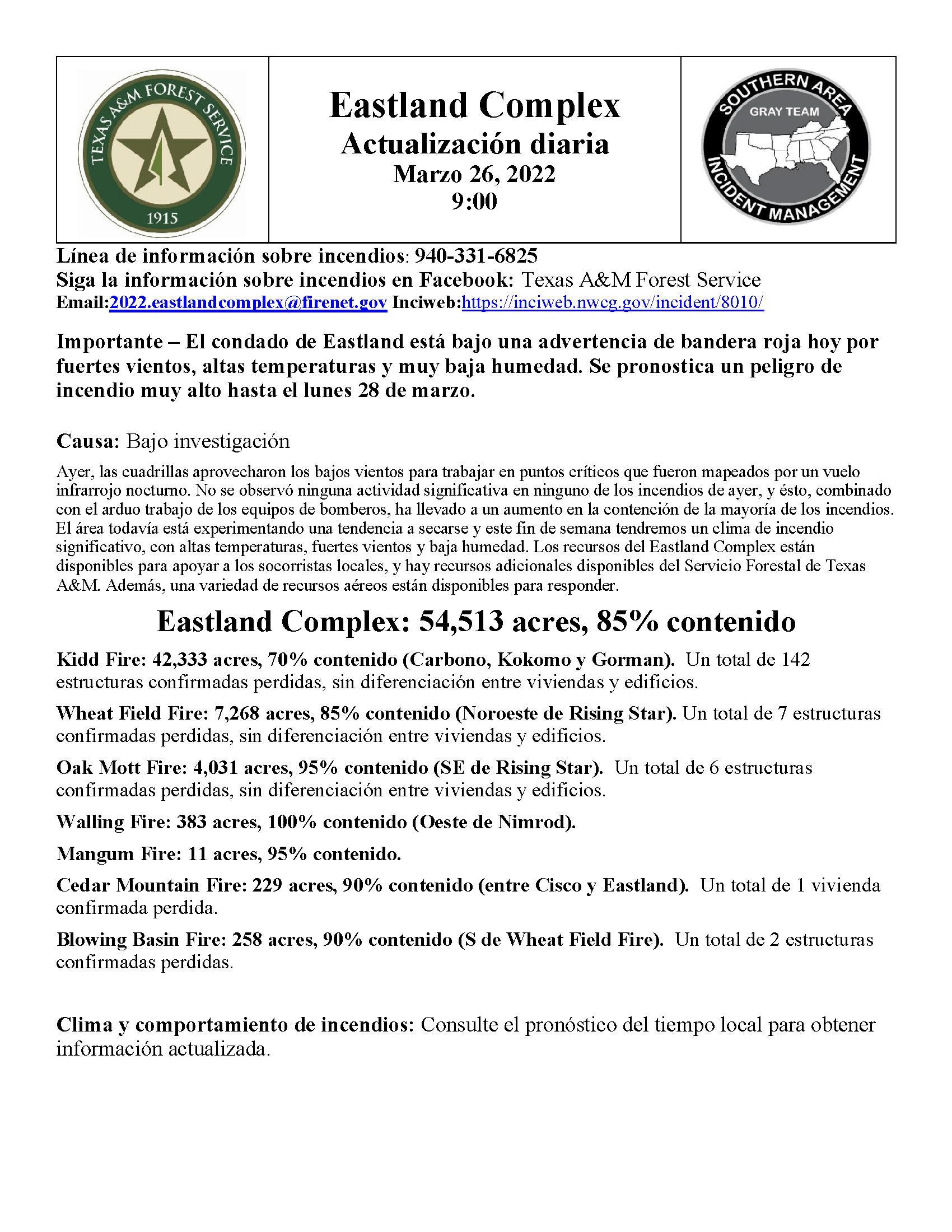 The document contains the March 26 daily update of the Eastland Complex fire, in spanish.