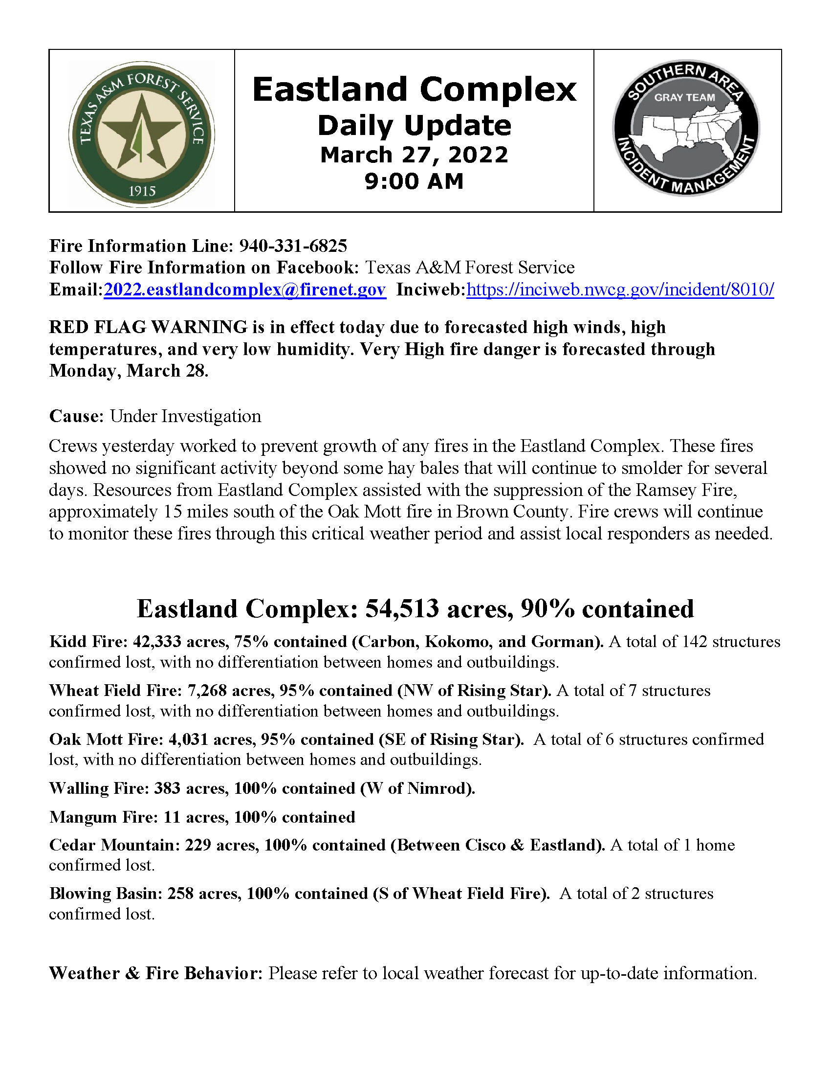 The document contains the March 27th daily update for Eastland Complex fire