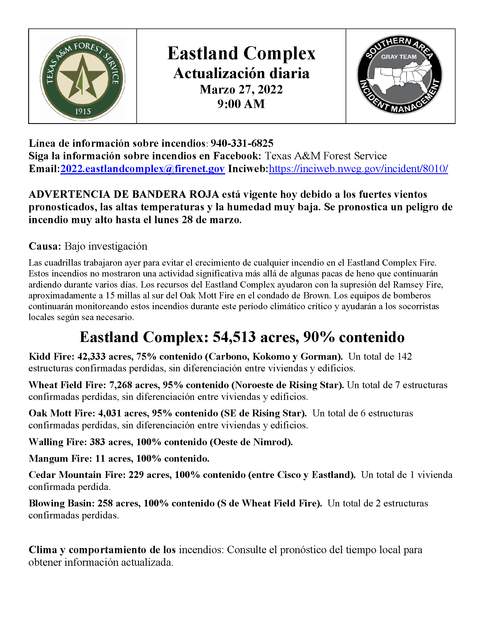 The document contains the March 27th daily update for Eastland Complex fire in Spanish