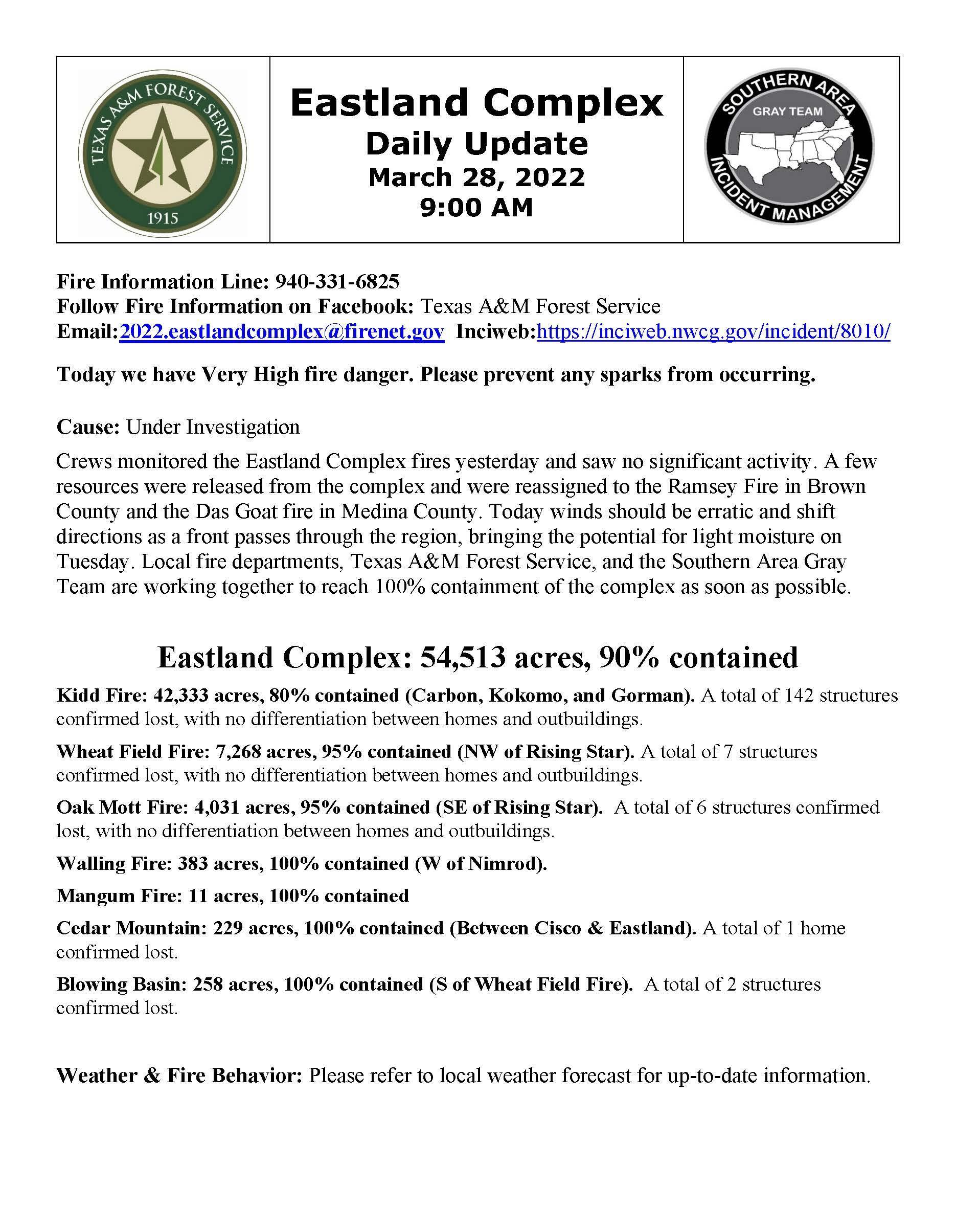 The document contains the March 28 daily update for Eastland Complex fire