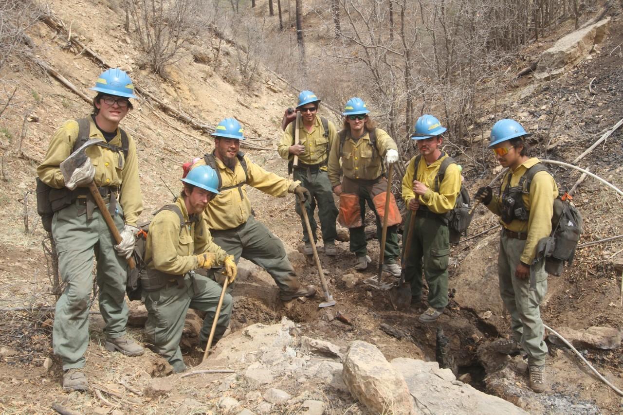 7 firefighters wearing green pants, yellow shirts, blue hardhats, wearing fire packs and holding fire tools in burned fire area.