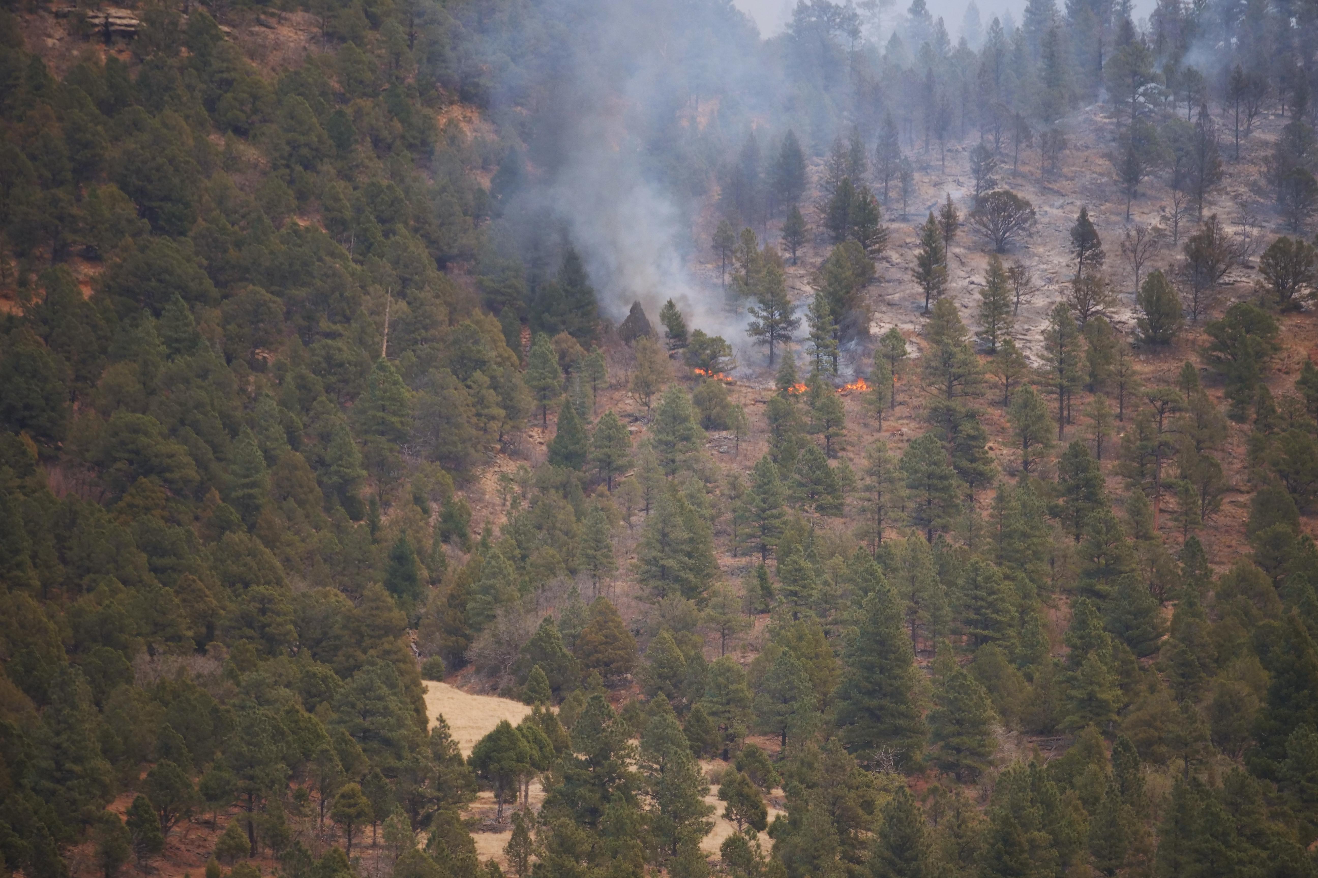 Fire backs down a ridge on the north side of the Mora River Valley.