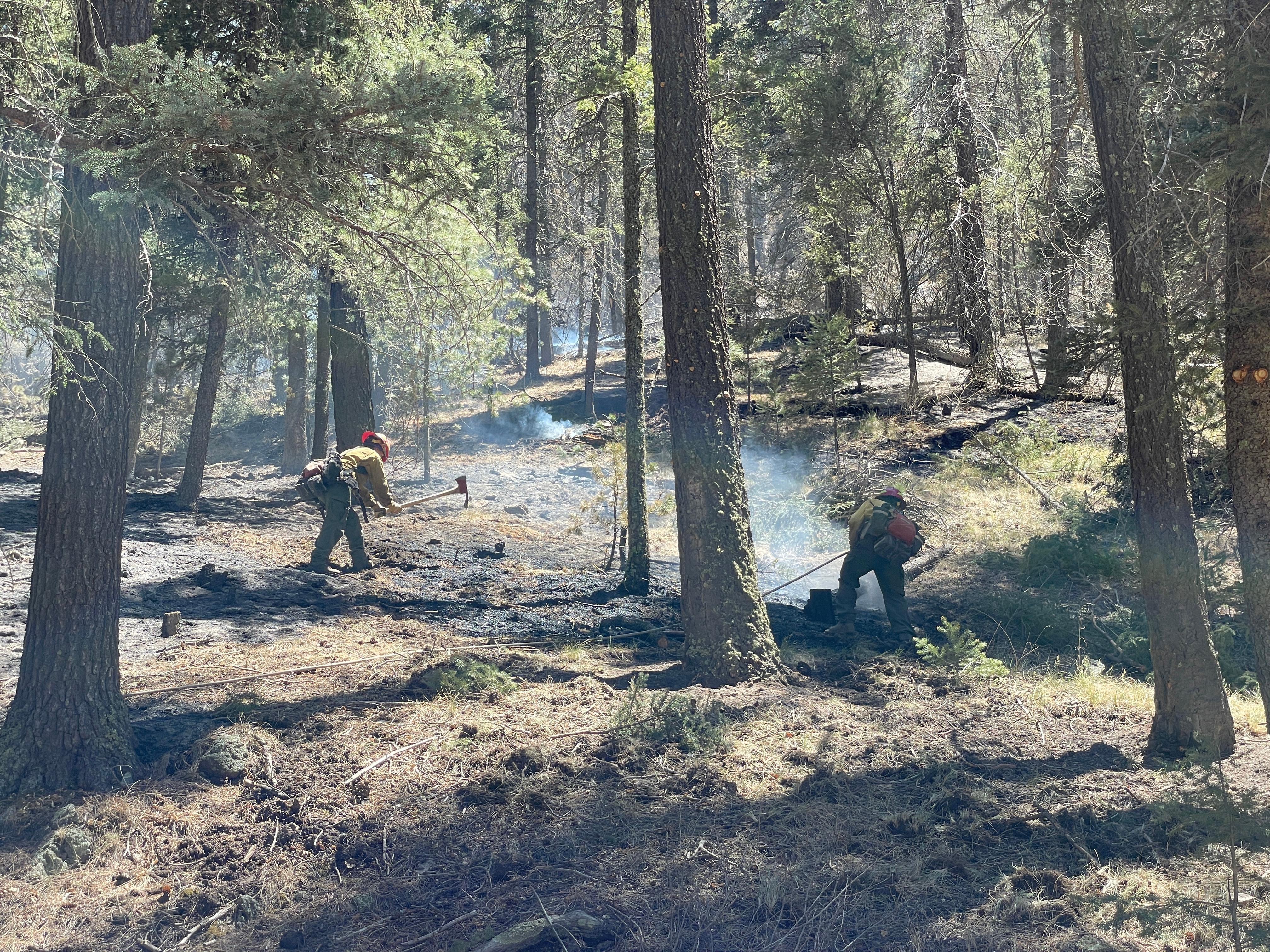 two firefighters dig in dirt to put out fire