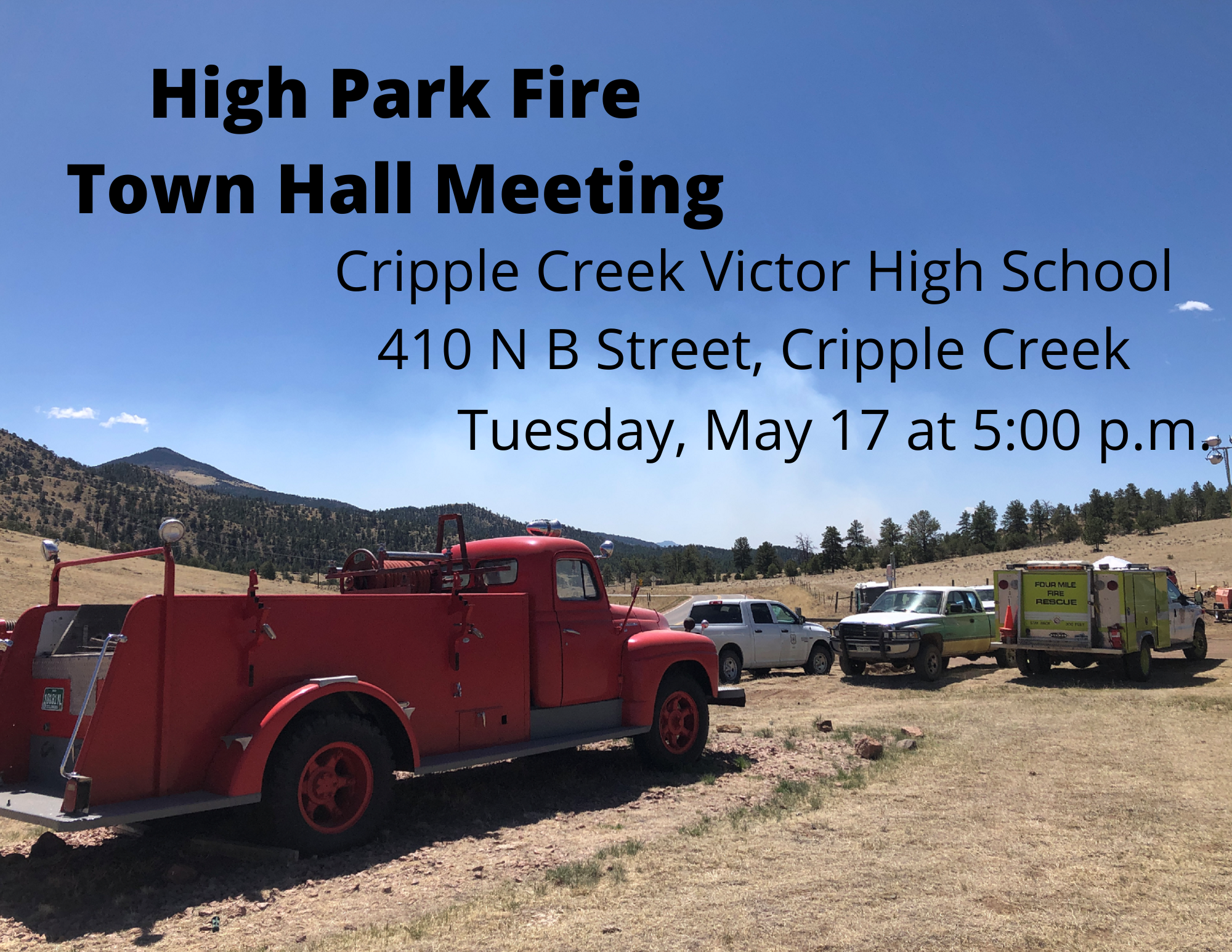 Flyer for the Town Hall Meeting to be held at the Cripple Creek Victor High School on May 17th at 5 pm