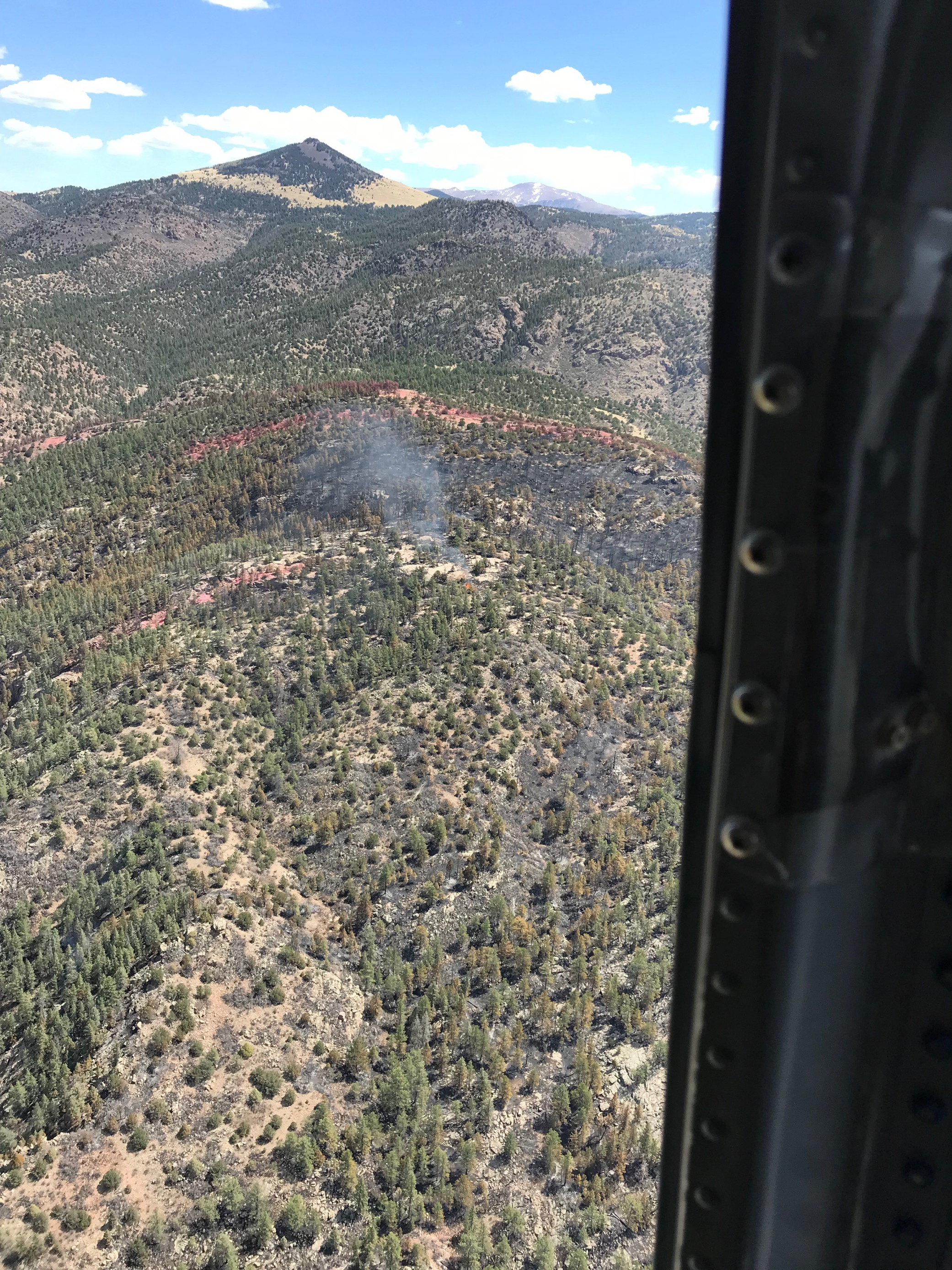 Shows light fire behavior in forest near a red retardant line. Photo taken from a helicopter.