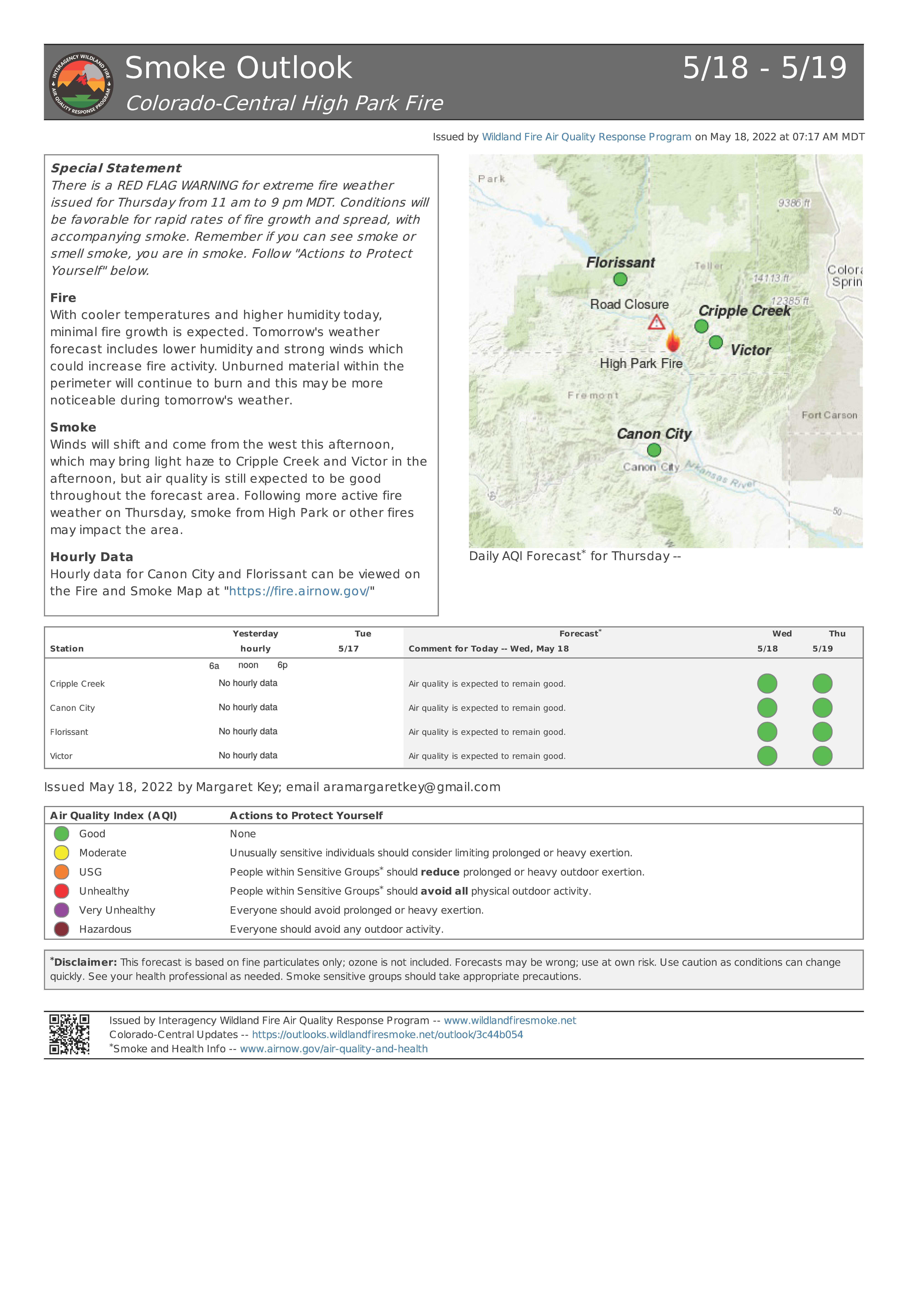 Smoke Outlook, Cripple Creek, Canon City, Florissant, and Victor are all rated as Good.