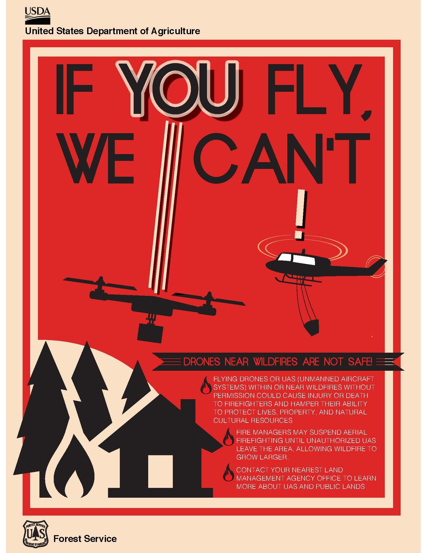 poster shows the hazard of flying drones while fire aircraft are flying missions