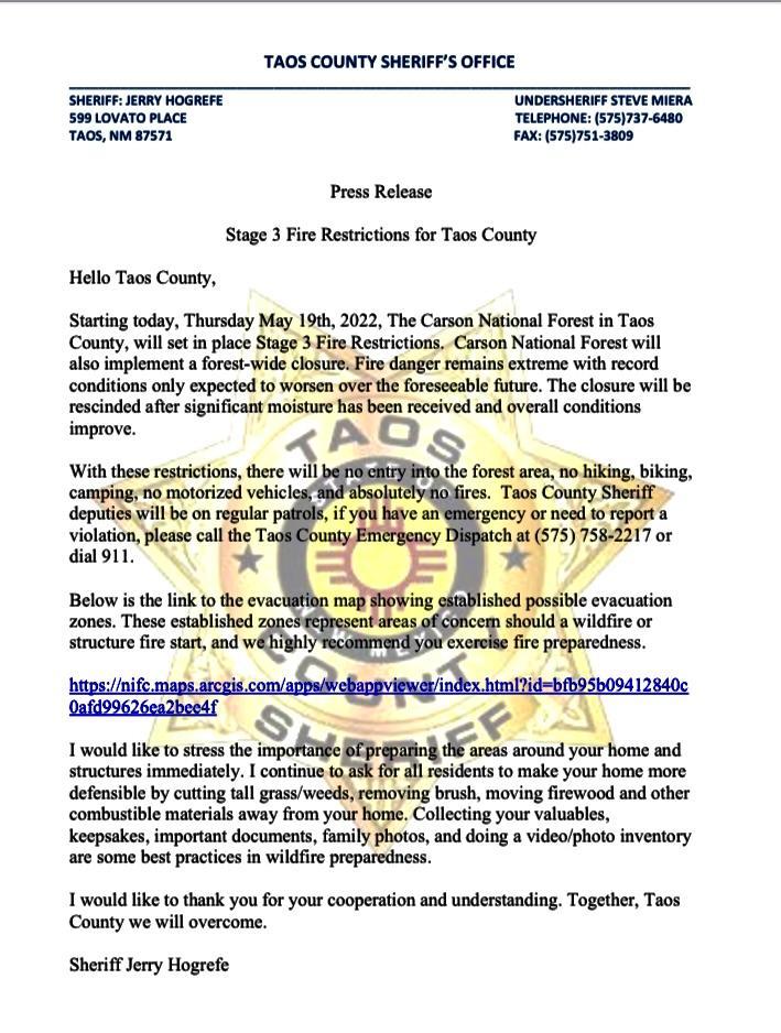 Taos County Evacuation Update May 18, 2022