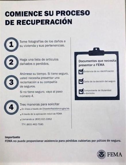 Image of a Federal Emergency Management Agency (FEMA) flyer in Spanish: Comience Su Proceso de Recuperasio'n
