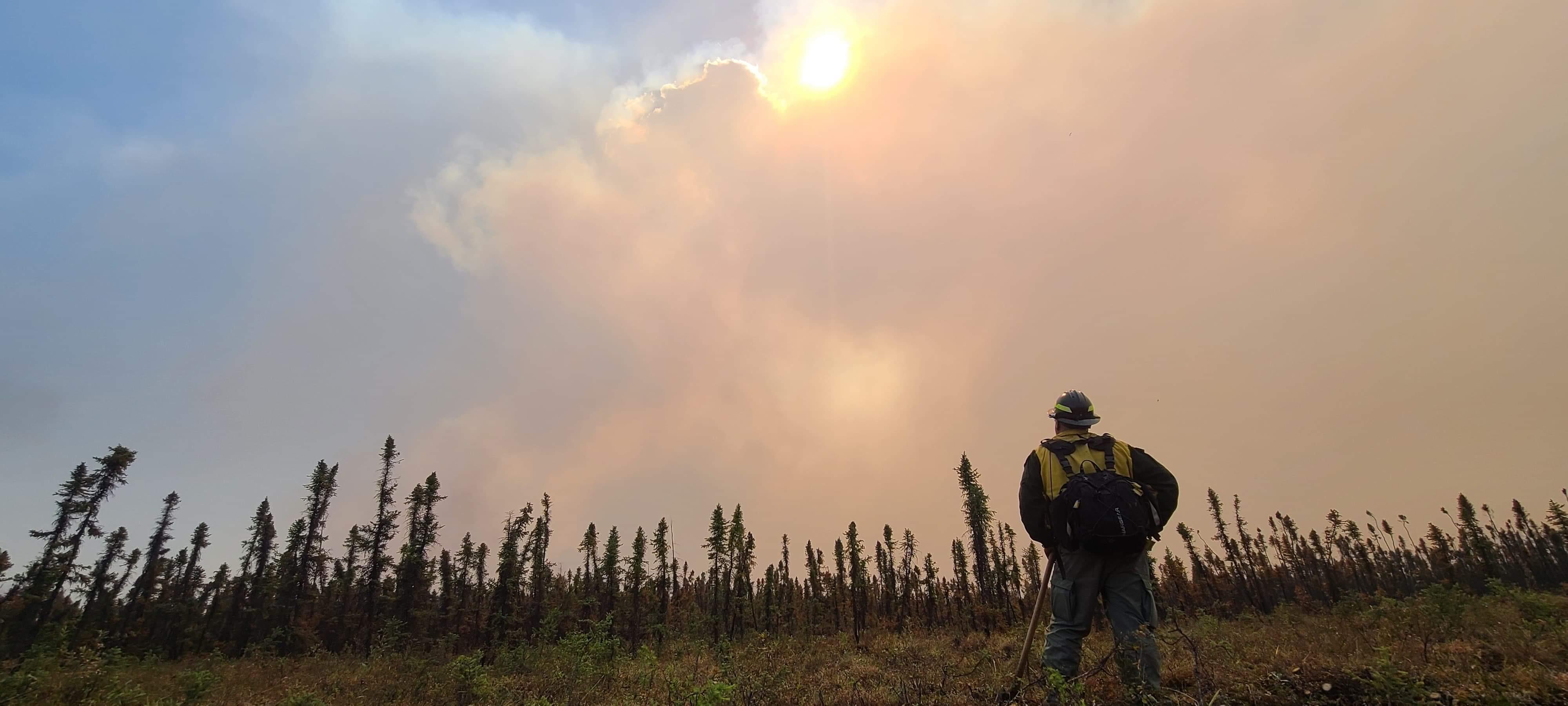 A firefighter looks towards the sun and smoke on the northwest side of the Clear Fire