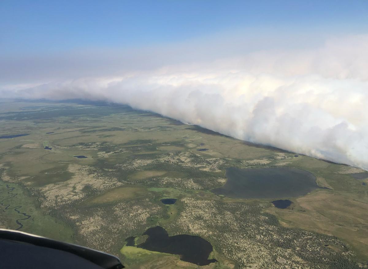 Red flag conditions pushing smoke on fires 239 and 240. Photo credit: Bryan Rosenow, Alaska IMT
