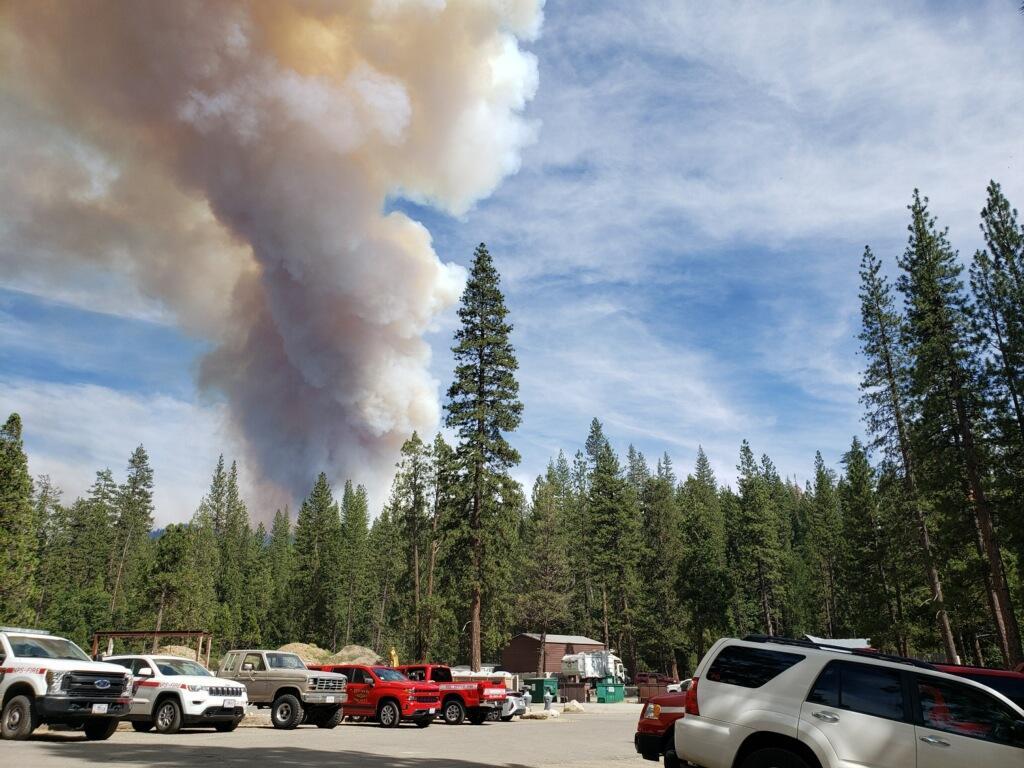 A plume of smoke rises above trees near Oakhurst, CA.  Fire Management vehicles are visible in the foreground