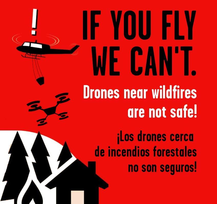 Black imagery on a red background showing a drone and plane. If you fly we can't in both English and Spanish