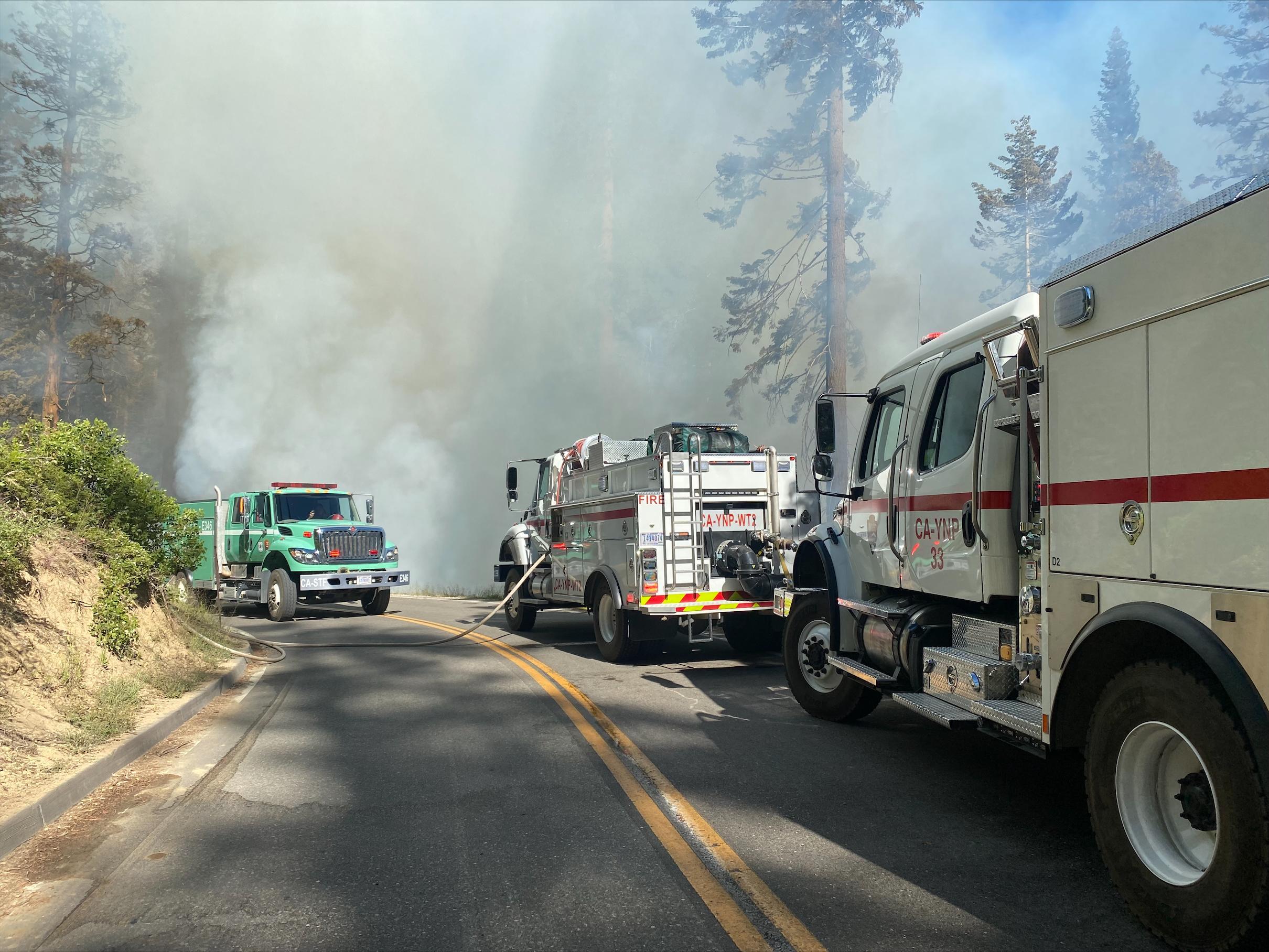 Engines line Highway 41 on Yosemite's Wawona Rd. during initial attack of the Washburn Incident.  Engine CA-YNP 33 and Stanislaus National Forest engine 346.