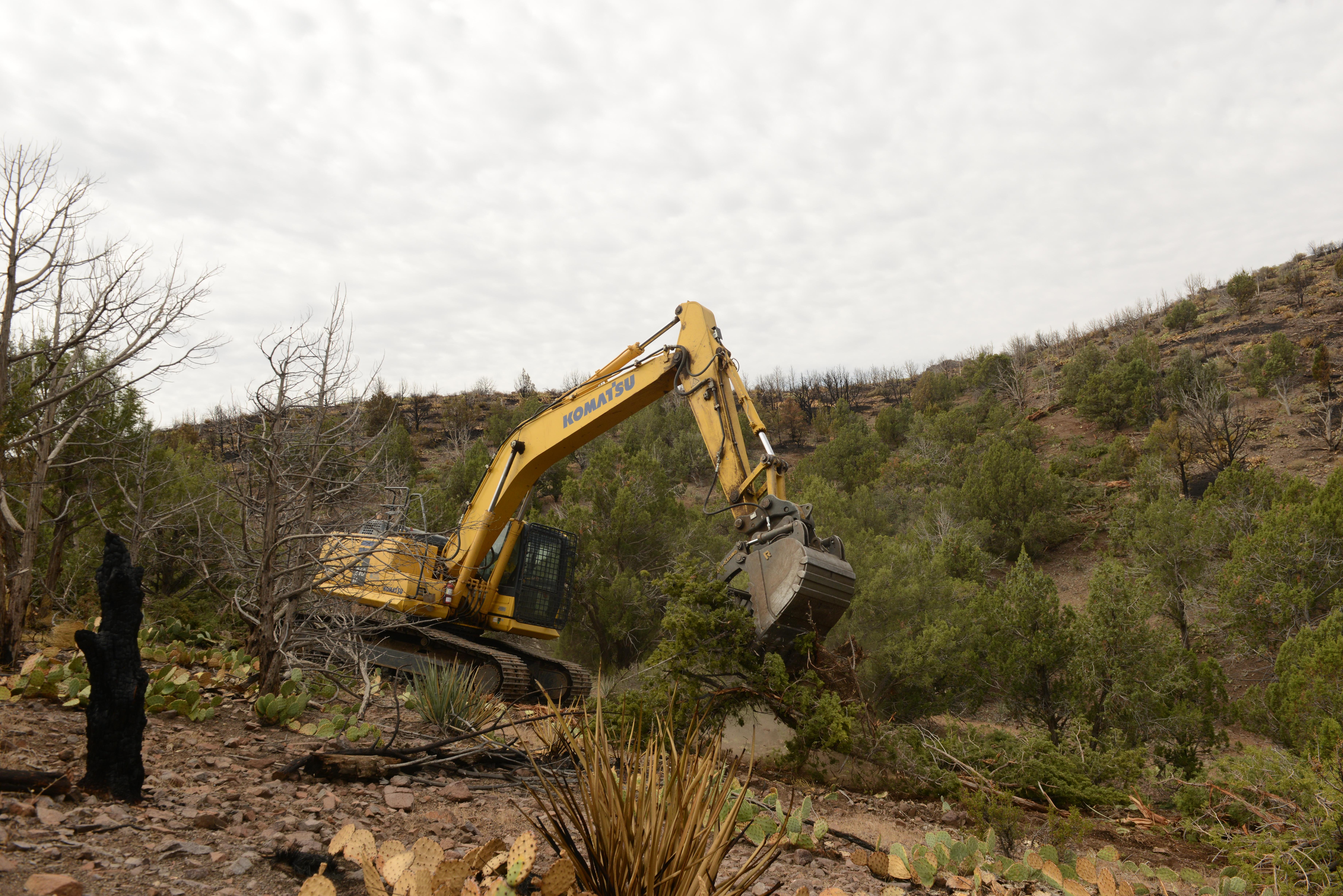 The heavy equipment boss (left) and the resource advisor (right) keep an eye out July 29, 2022, while the excavator operator works on rehabilitating the dozer line.  The line was put in as a fuel break, and restoring it helps protect the area from erosion
