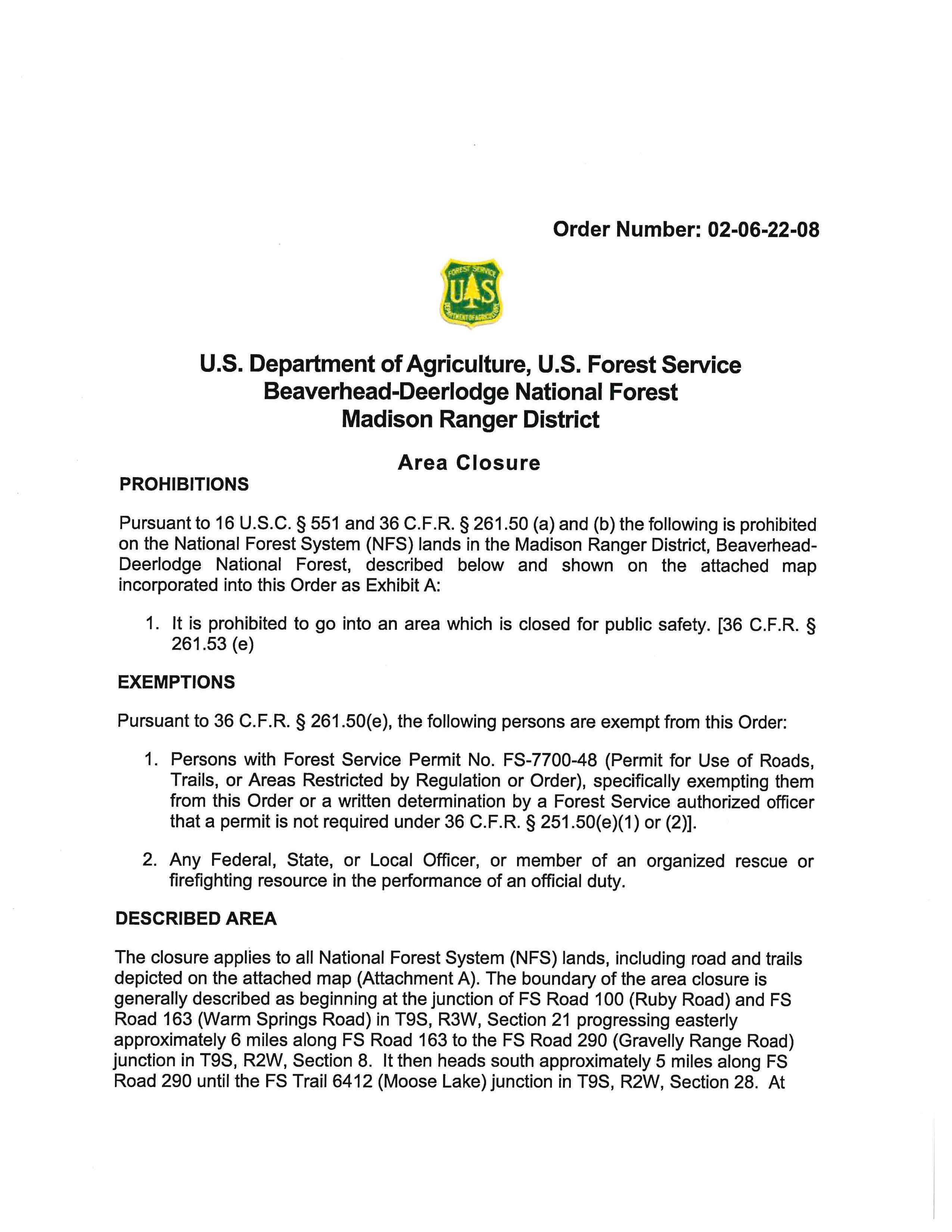 Area Closure Order for Clover Fire, page 1