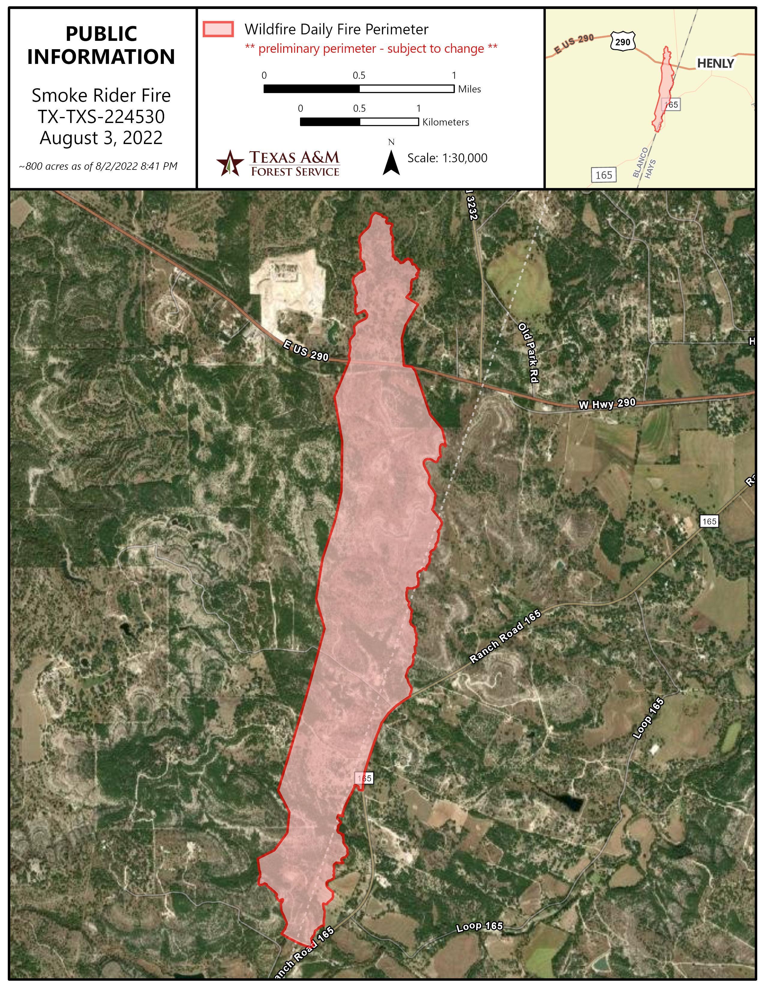 A public information map showing the perimeter map of the Smoke Rider Fire in Blanco and Hays County, Tx. The area the fire burned is shaded red.
