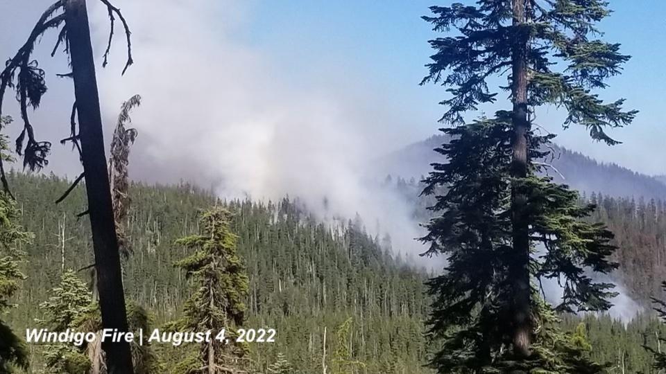 Photo of smoke rising to the sky on a steep slope of a forest.