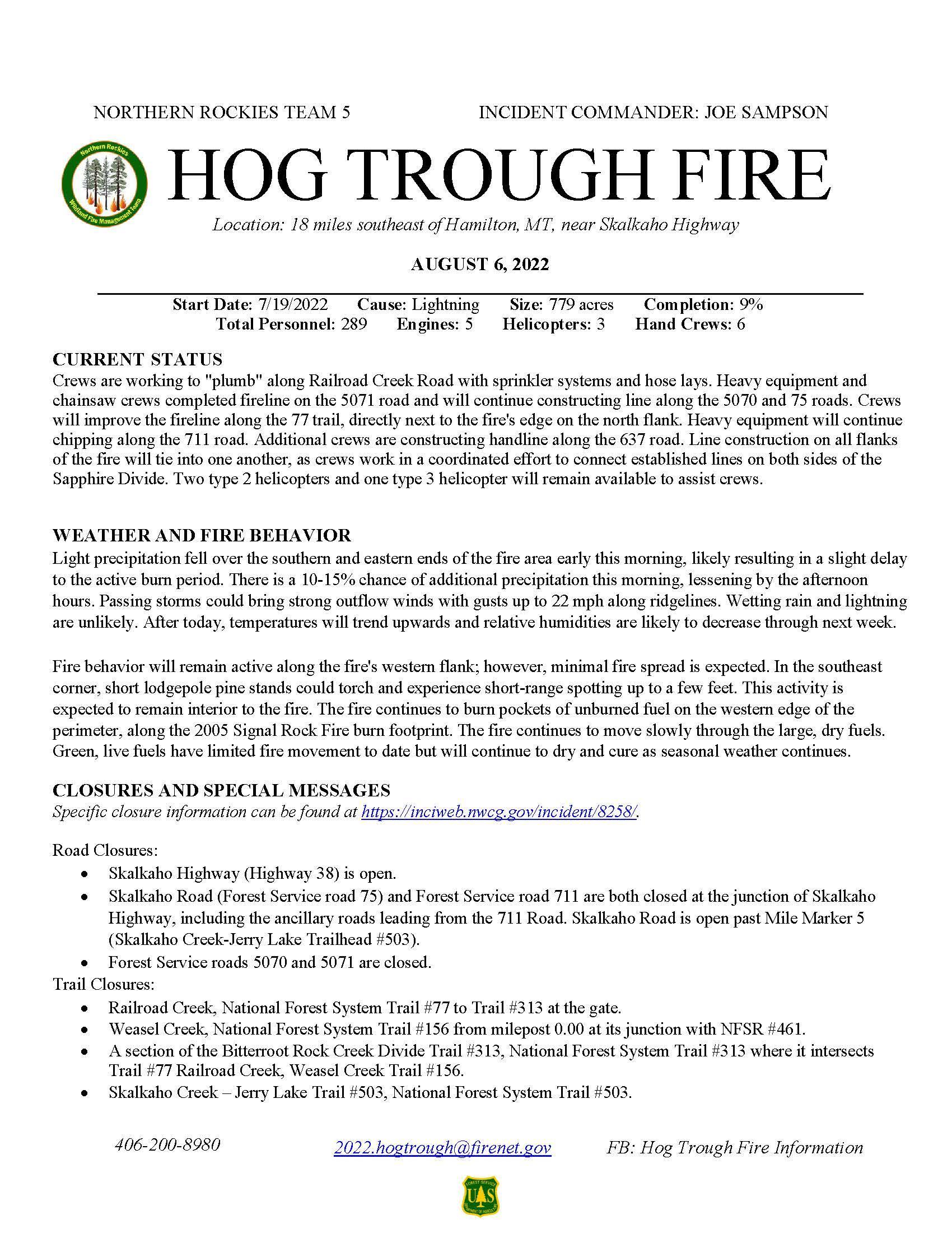 Hog Trough Fire Daily Update for August 6