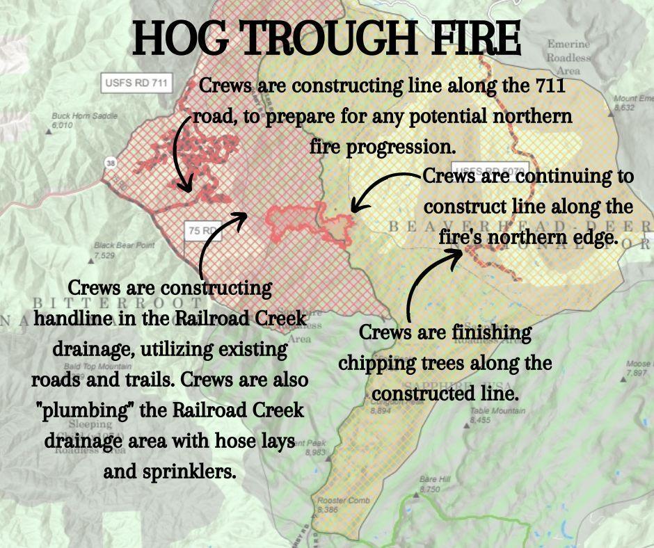 Fire crews have completed 34% of their objectives on the Hog Trough Fire, an increase from 9% yesterday. The fire is now estimated to be 791 acres, up from 779 acres yesterday. Here is what crews have been working on today:
