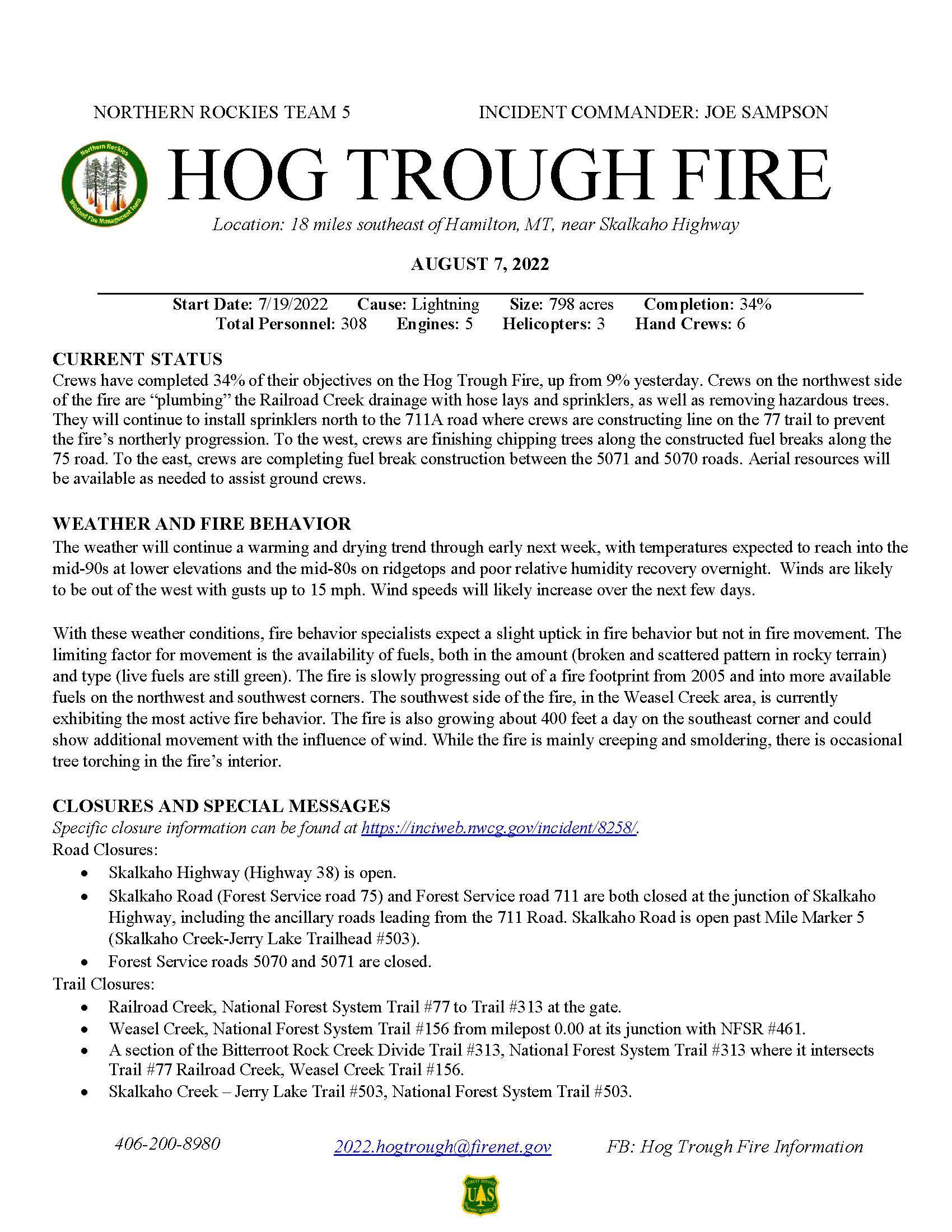 Hog Trough Fire Daily Update for August 7