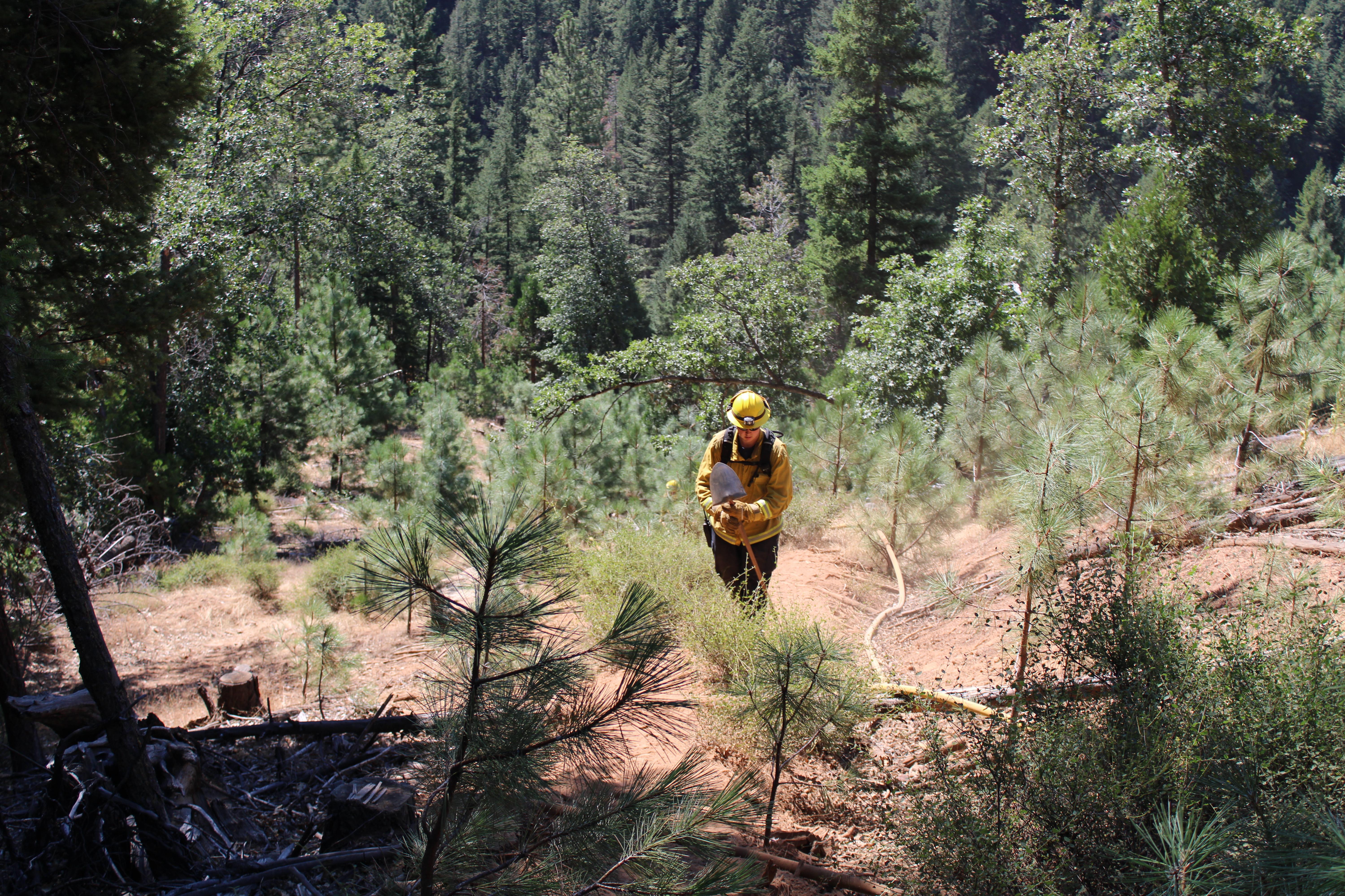 Antelope Valley Fire crewmember hiking up hill to Smokey Fire to repair line