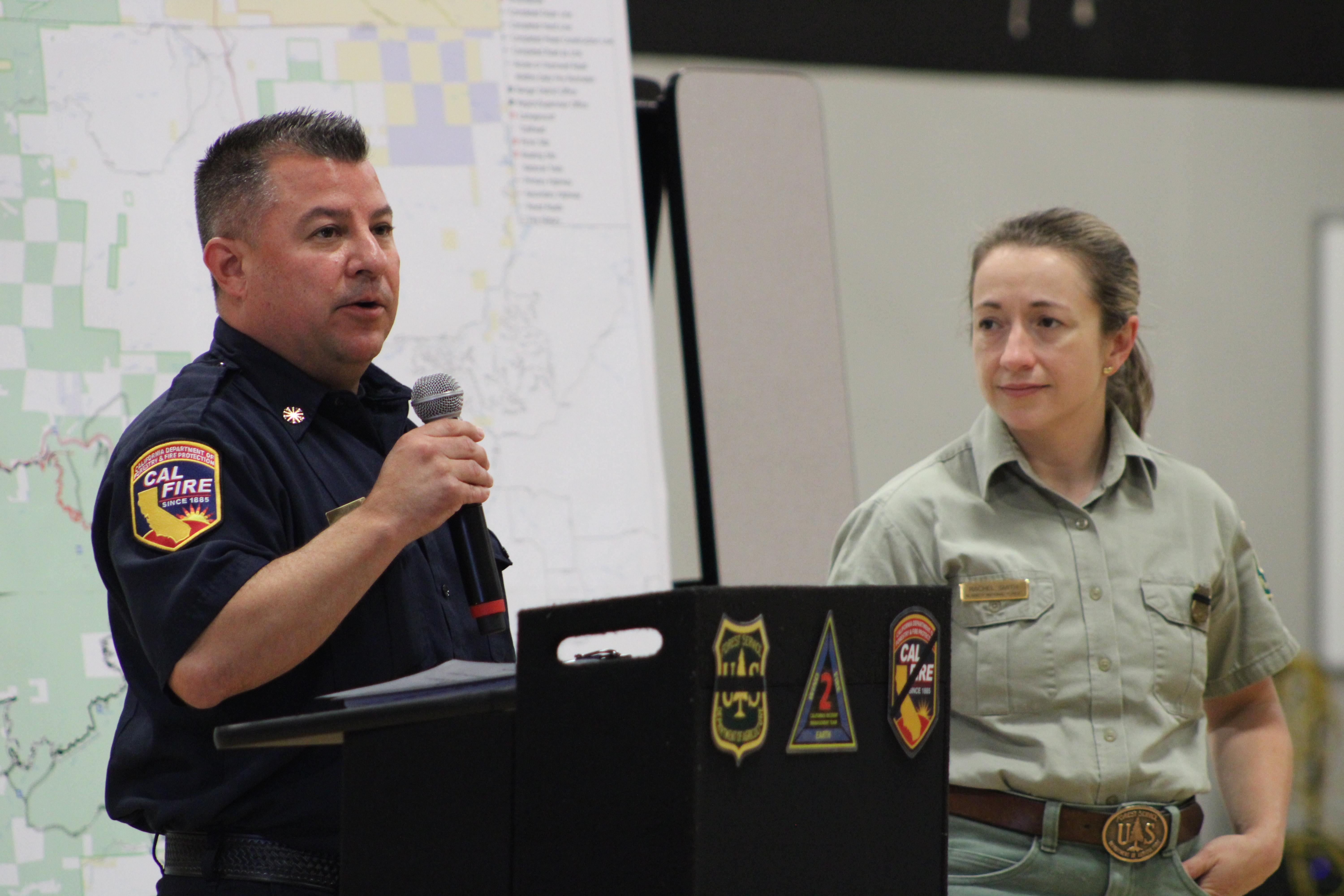 Cal Fire Unit Chief Phil Anzo and Klamath National Forest Supervisor Rachel Smith at the Yreka community meeting