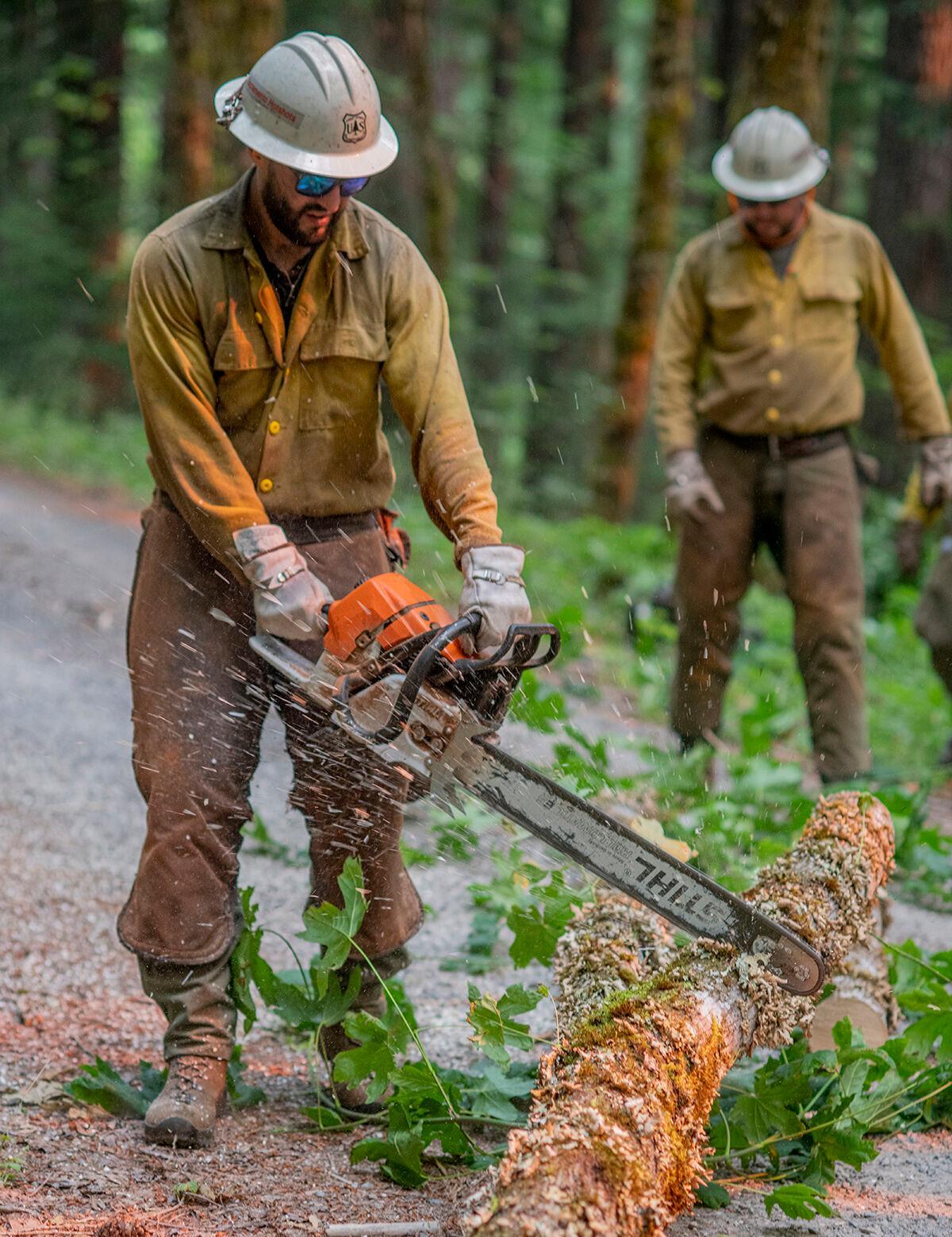 Individual in fire gear uses a chainsaw to cut a tree on a road. Another individual is nearby to remove the smaller pieces from the road.