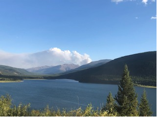 The smoke column from the Cannon Fire - this photo was taken from the FS Road 38 looking south over the Hungry Horse Reservoir on 8/13/2022