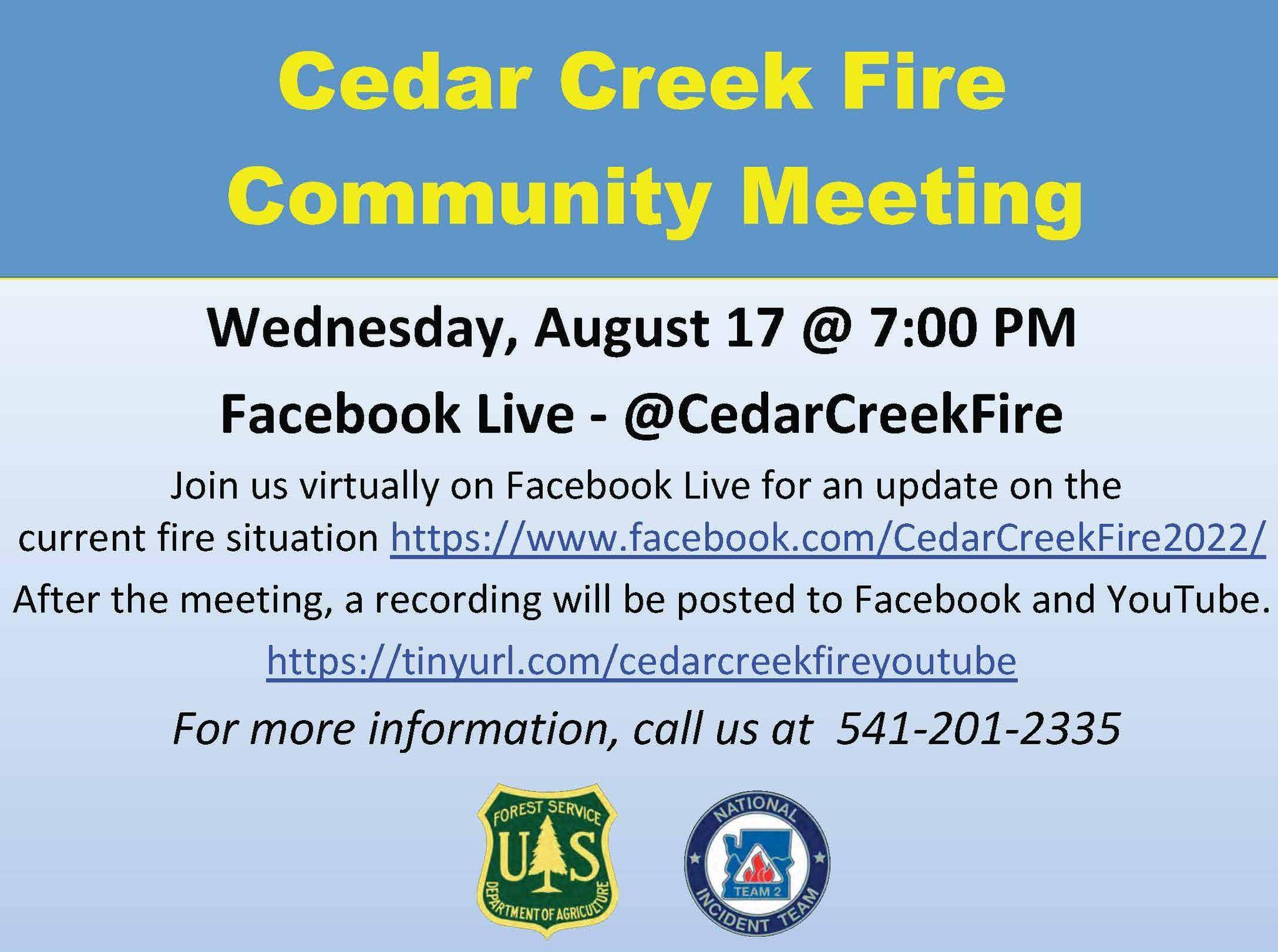 Flyer with information on how to accessing the August 17 virtual community meeting for the Cedar Creek Fire.