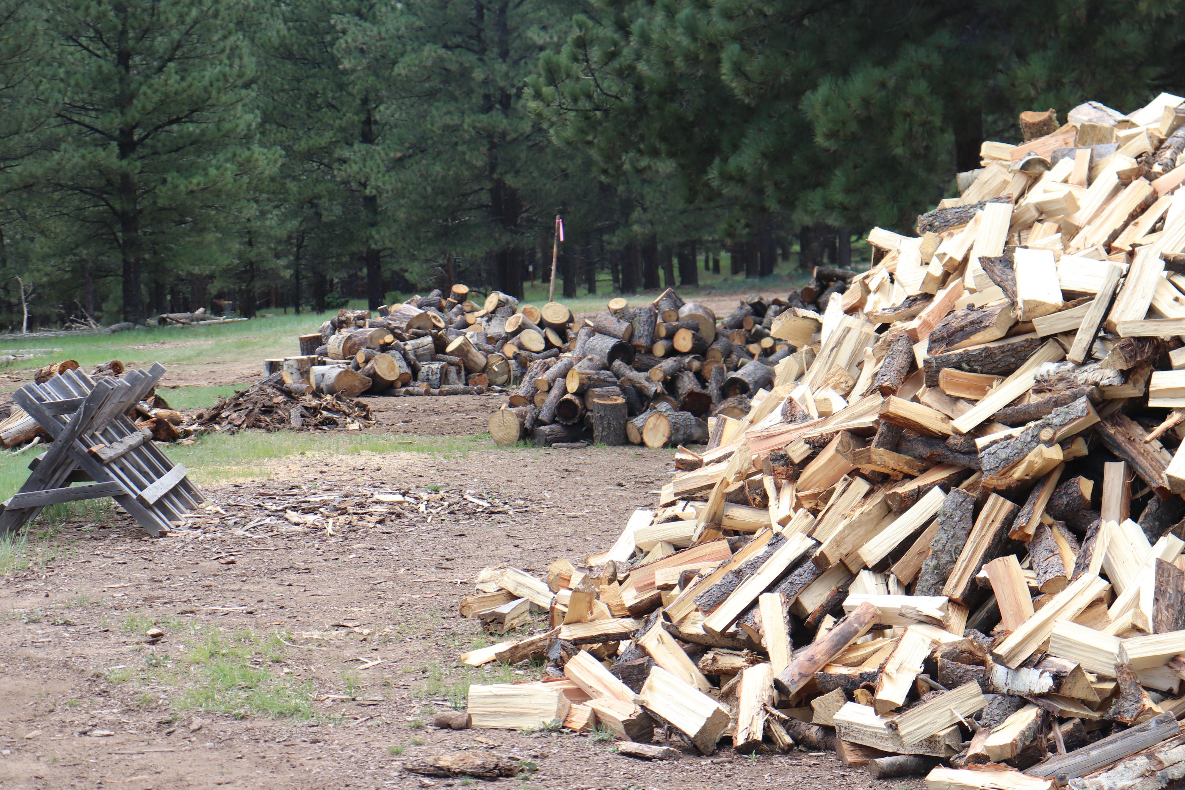 A pile of cut and stacked wood among piles of wood in various states of processing.