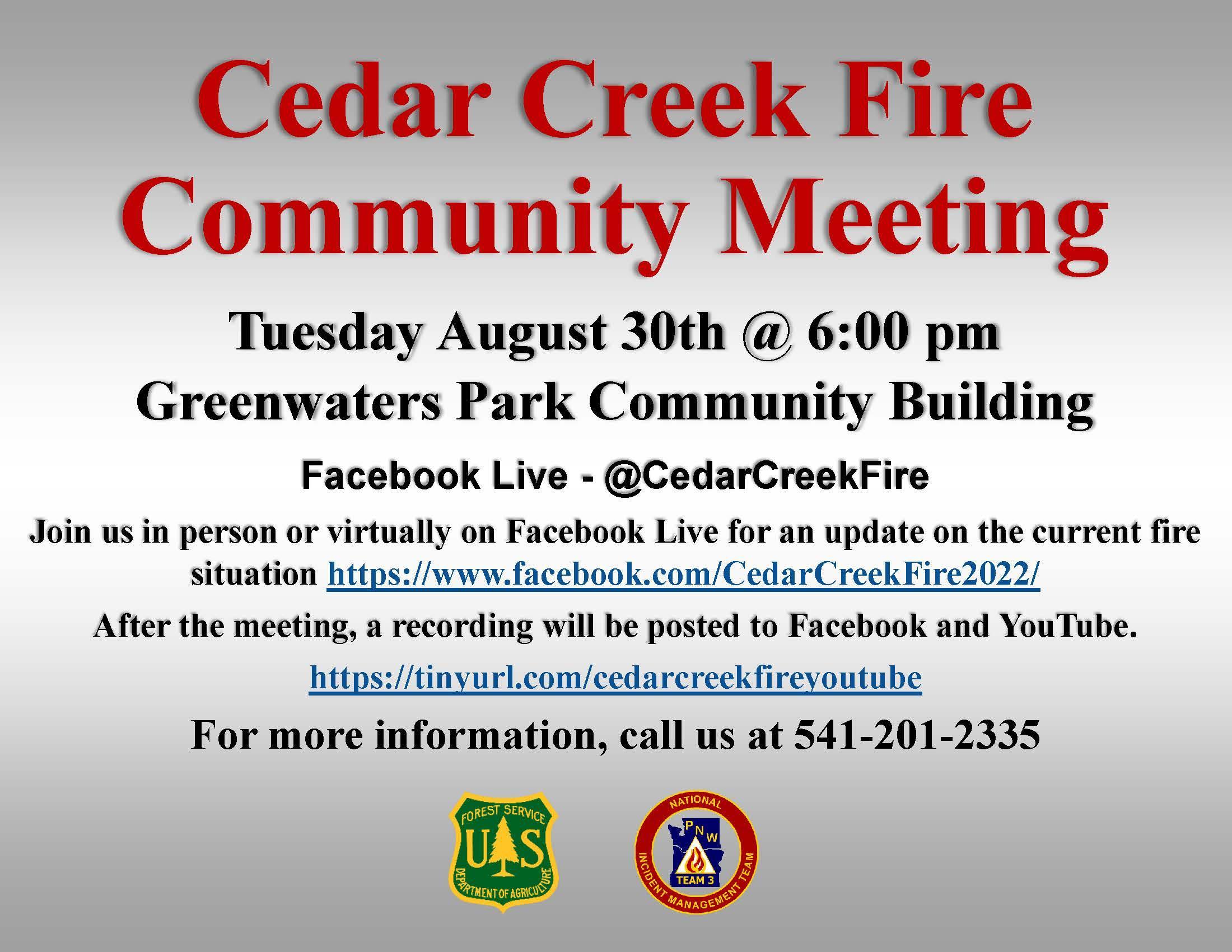 Cedar Creek Fire Community Mtg, Tues. Aug 30 6 pm