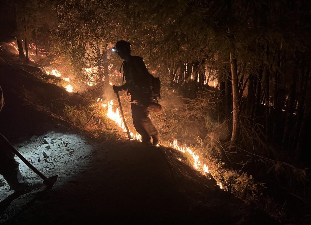Firefighter in wildfire gear standing near a line of fire at night in a forest