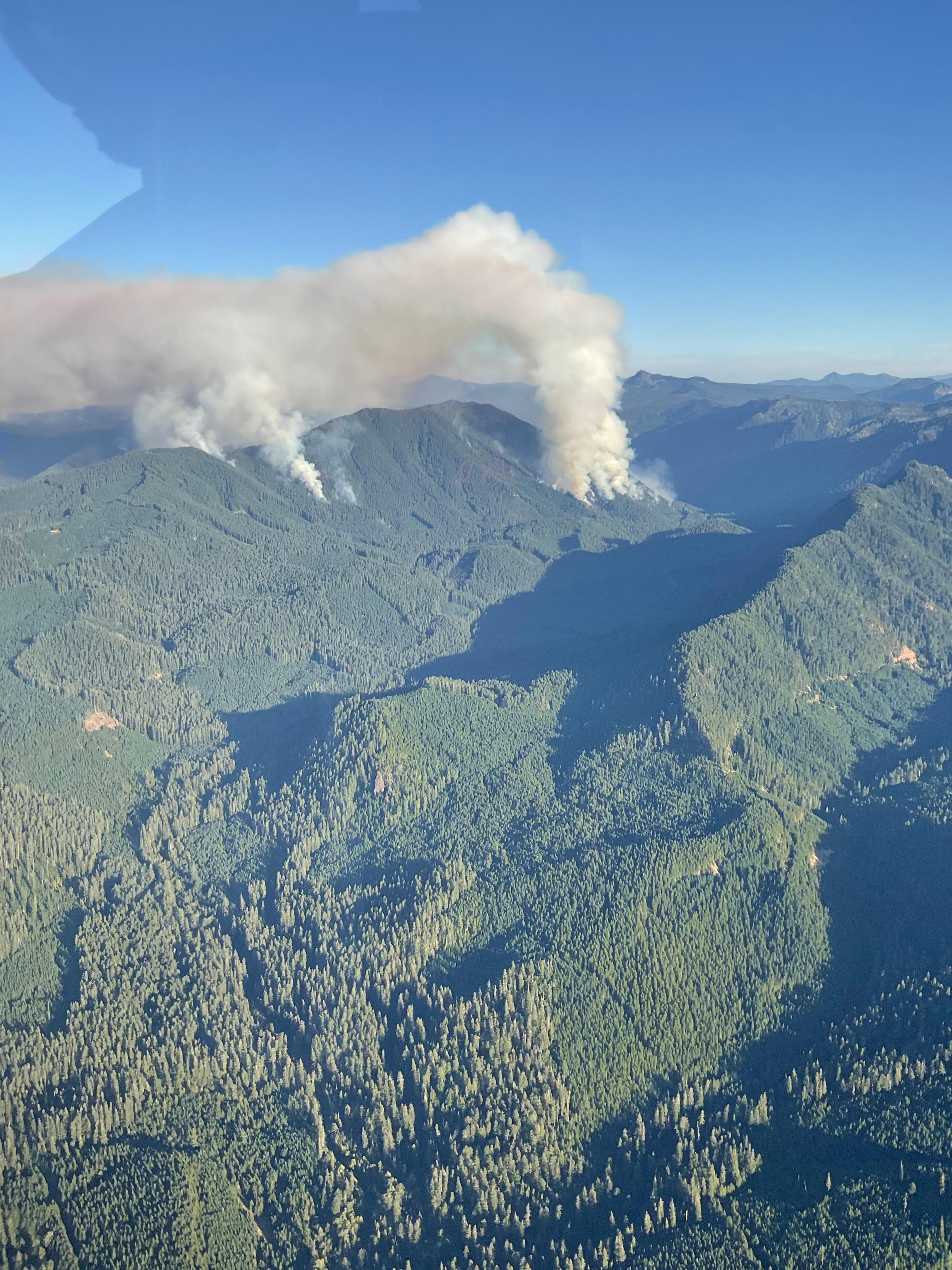 Photo of smoke rising from steep forest terrain.