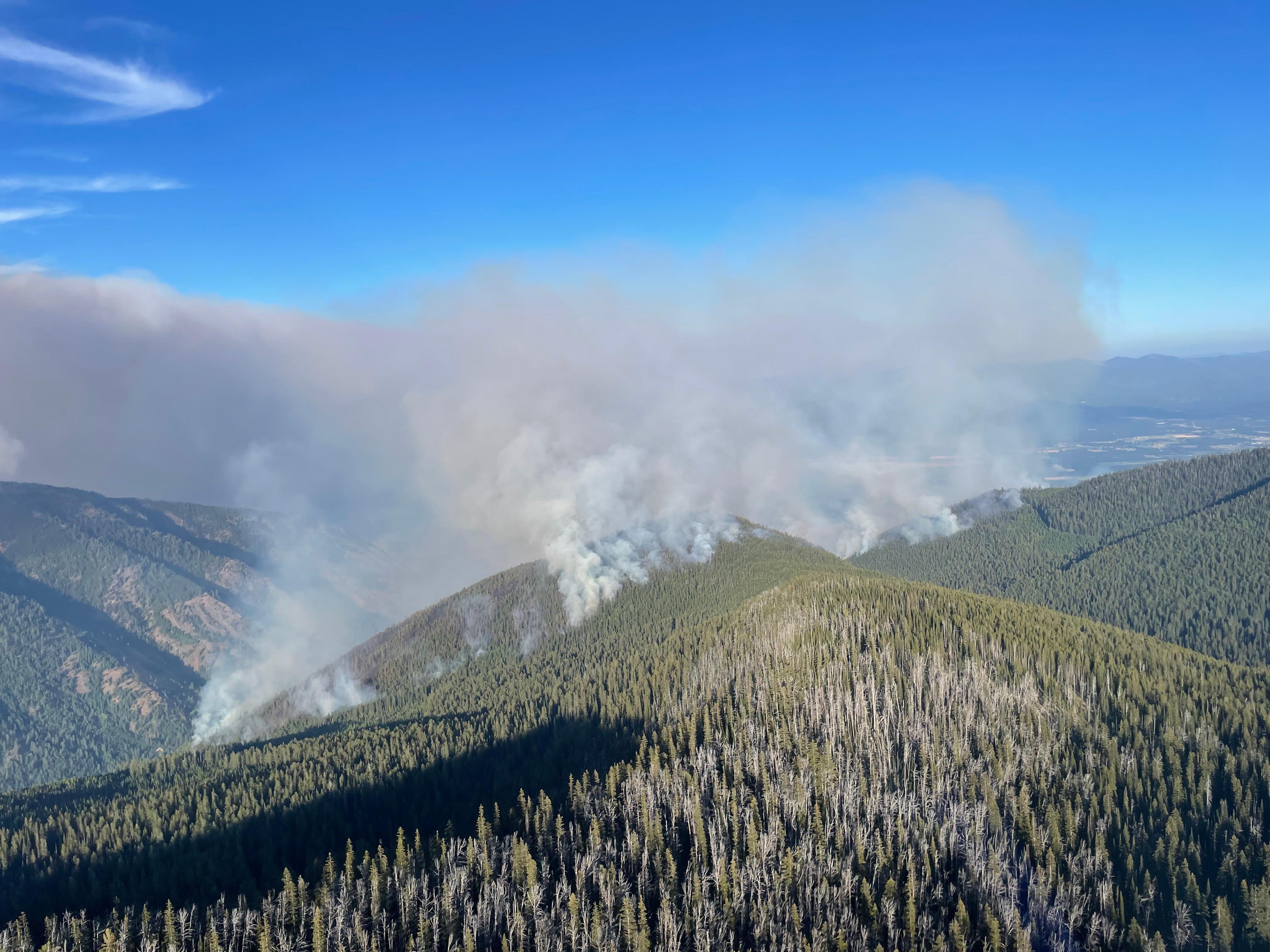 Scotch Creek aerial view on Sept. 4, 2022. Photo for forested mountain with multiple small smoke columns.