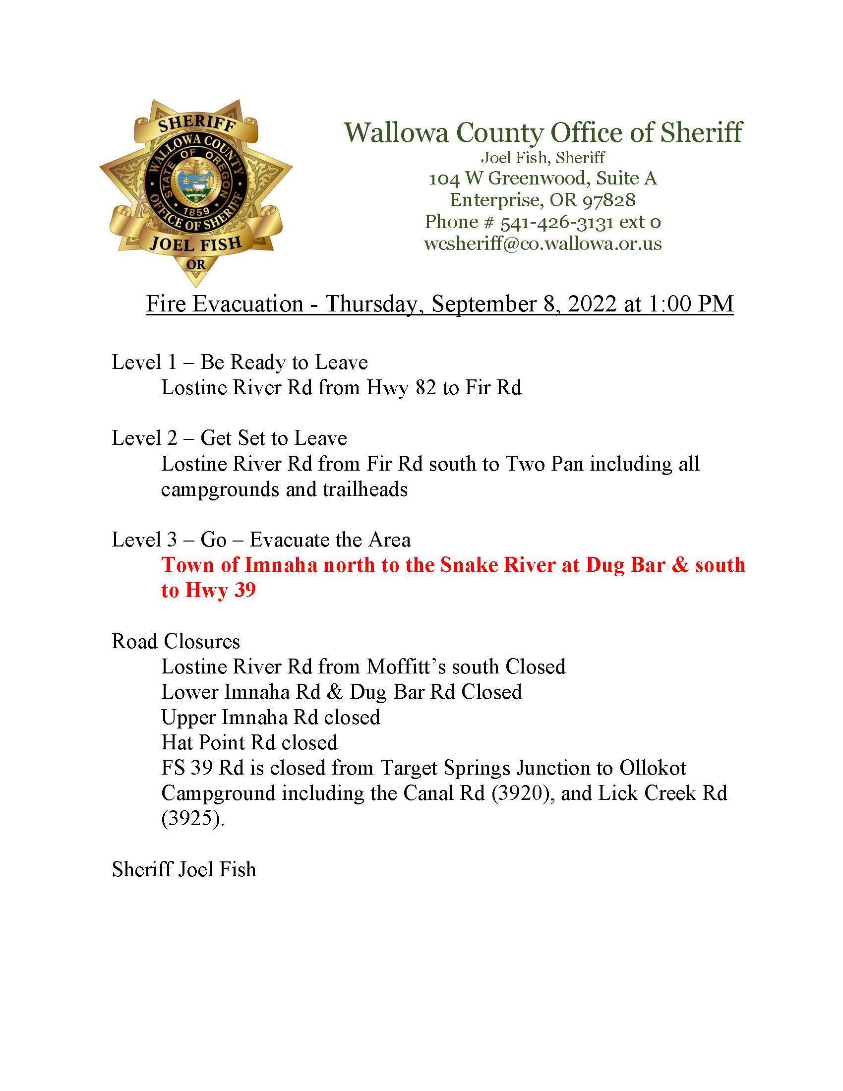 Wallowa County fire Evacuation - 09/08/2022
